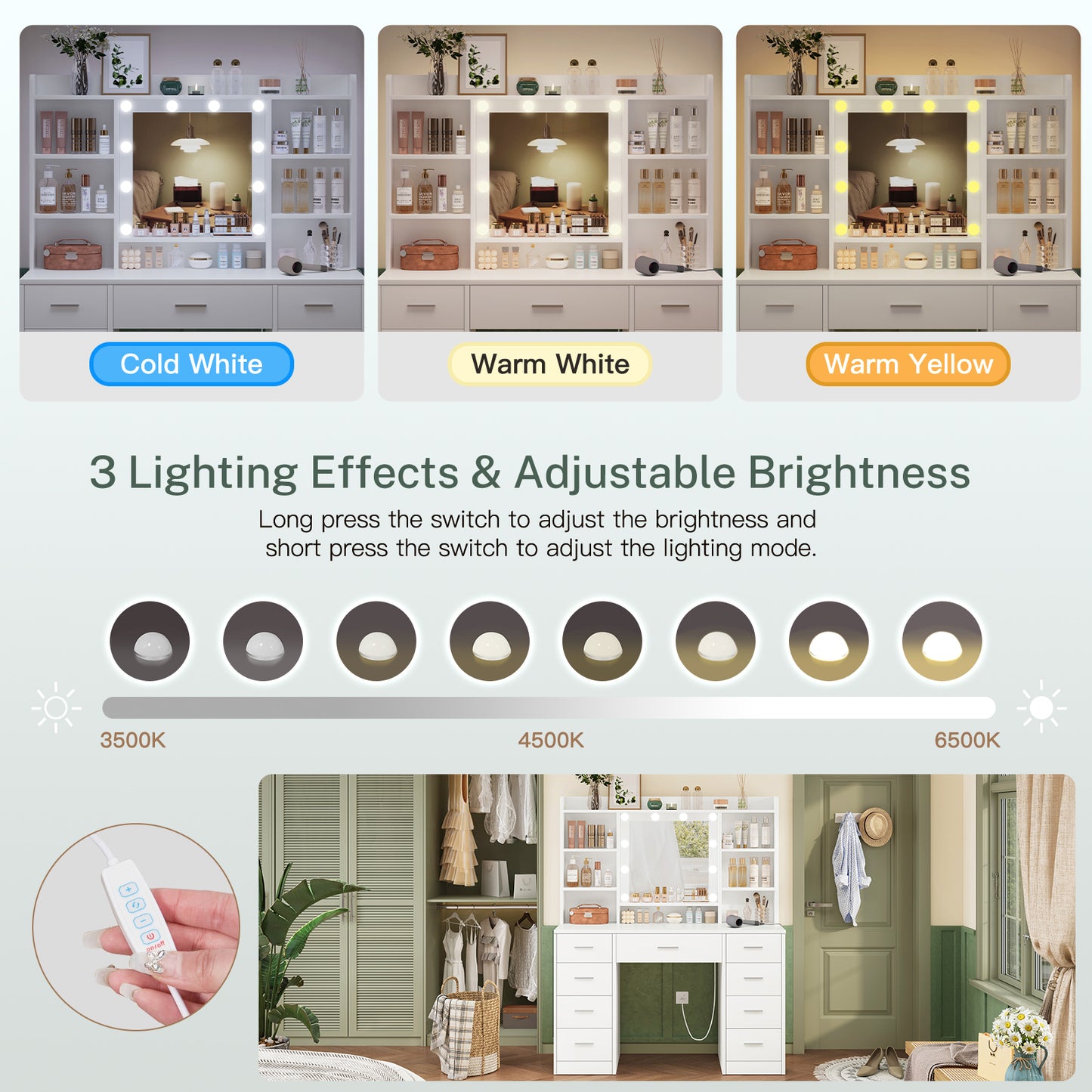 USIKEY Vanity Desk with Mirror and Lights, Power Outlet, Makeup Vanity with 9 Drawers & 6 Open Storage Shelves, 3 Lighting Modes Brightness Adjustable