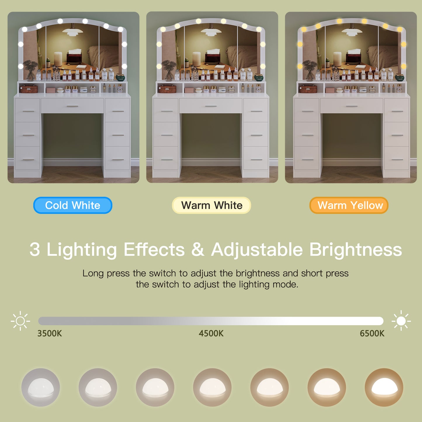usikey 43.3" Vanity Desk with Large Lighted Mirror, Makeup Vanity Table with 7 Drawers & 10 Lights Bulbs, 3 Lighting Colors, Make Vanity Desk, Vanity Table for Women Girls