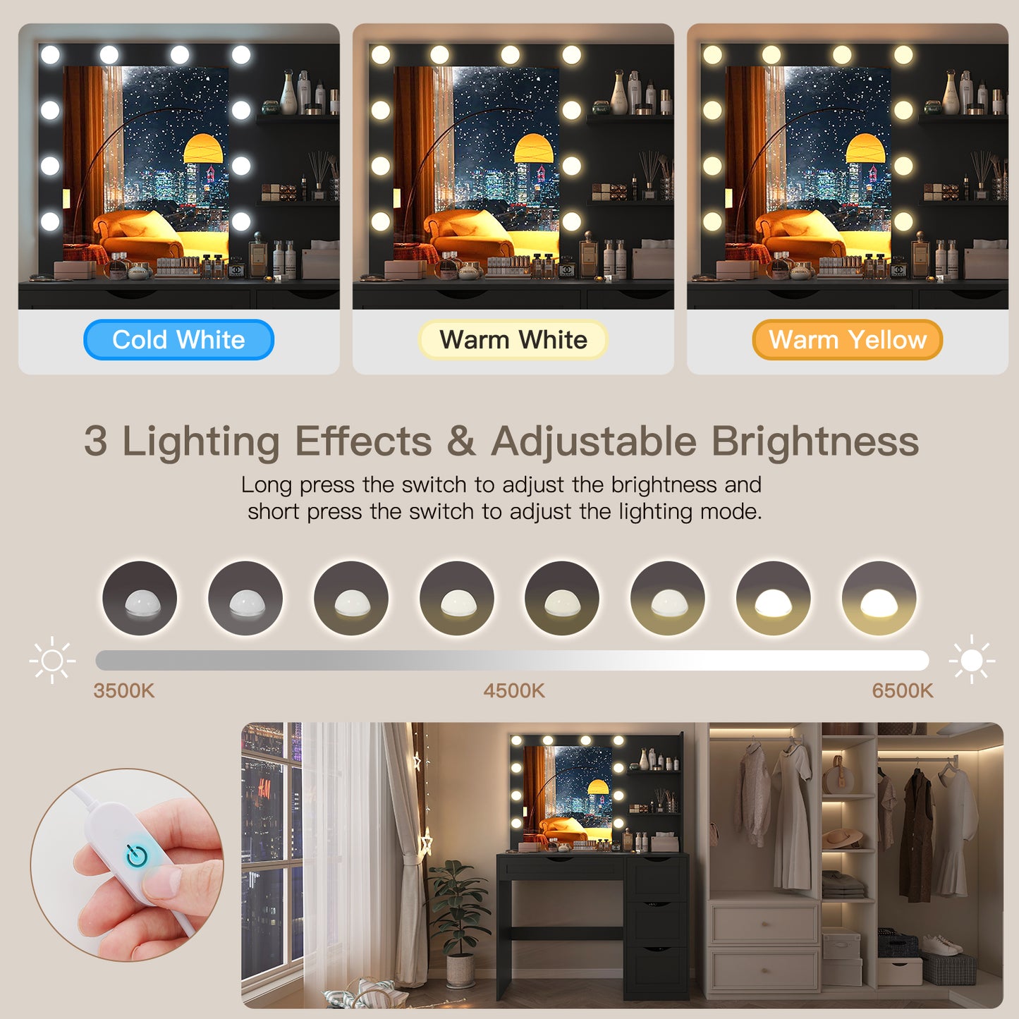 usikey Makeup Vanity Desk with Mirror and 10 LED Lights, Makeup Vanity Table with 4 Drawers, Vanity Desk Dressing Table with 2 Storage Shelves, 3 Color Modes Adjustable Brightness for Bedroom