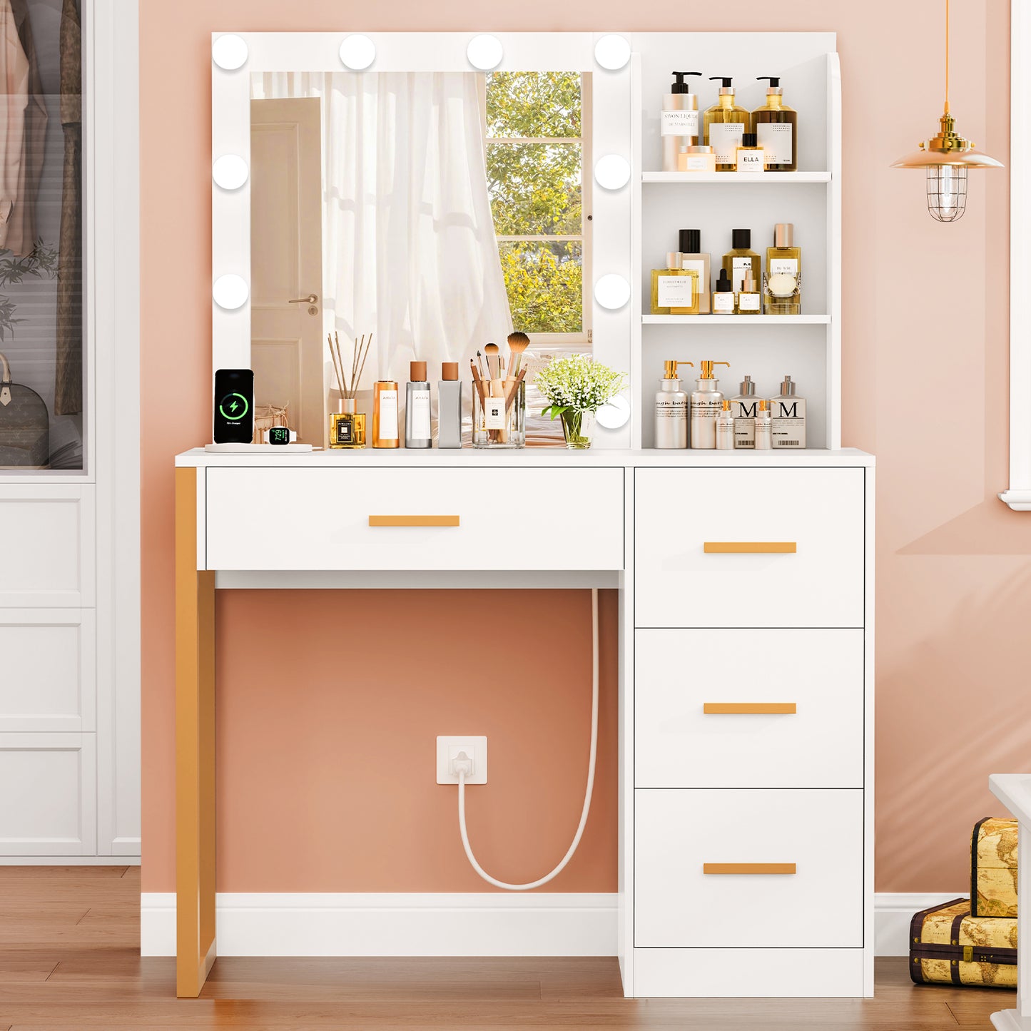 USIKEY Makeup Vanity Desk with Mirror & Lights, Vanity Desk with 4 Drawers & Power Outlet, Vanity Table with Open Storage Shelves for Bedroom