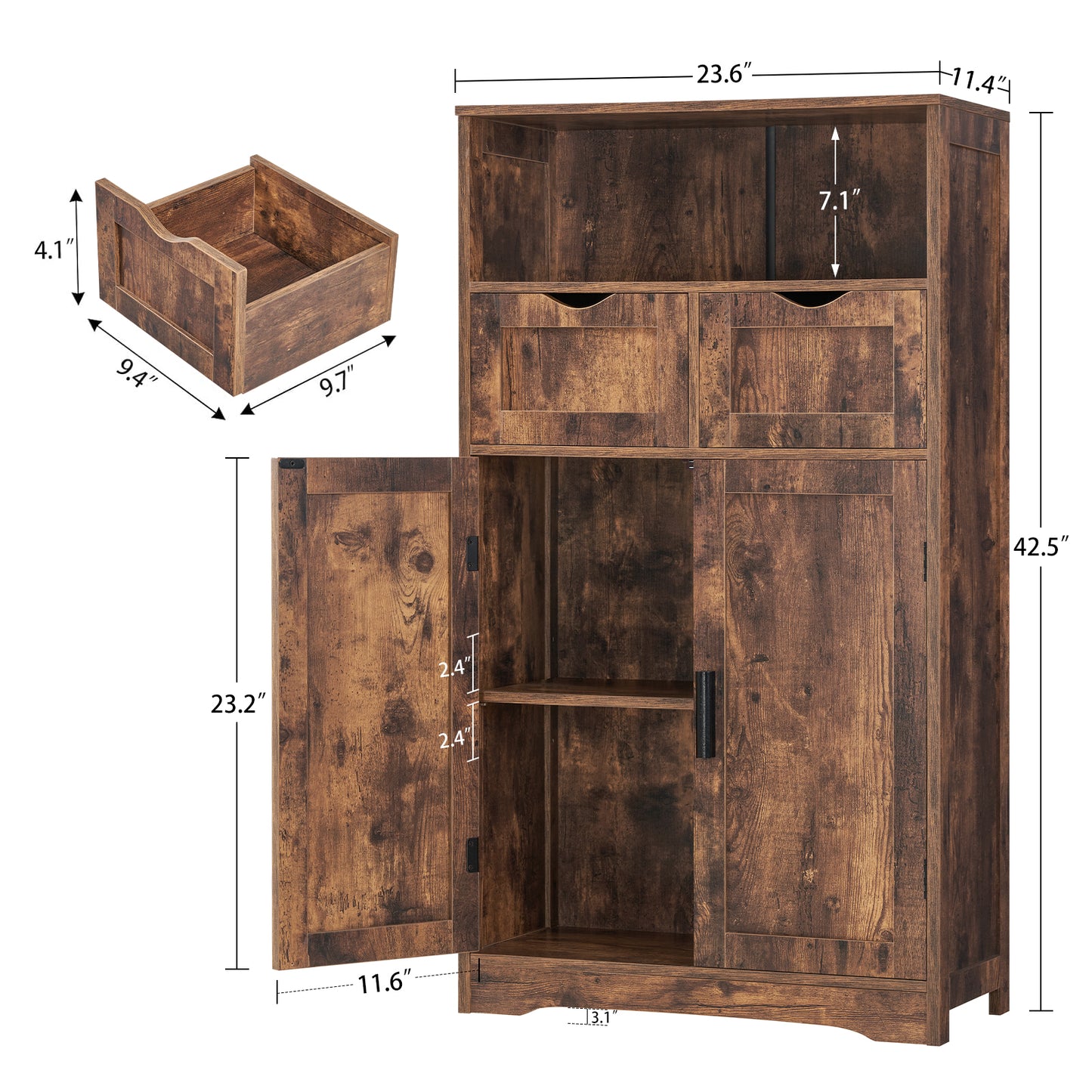 USIKEY Large Storage Cabinet, Rattan Cabinet with 2 Drawers & 2 Shelves, Cupboard, Floor Cabinet for Living Room, Home Office