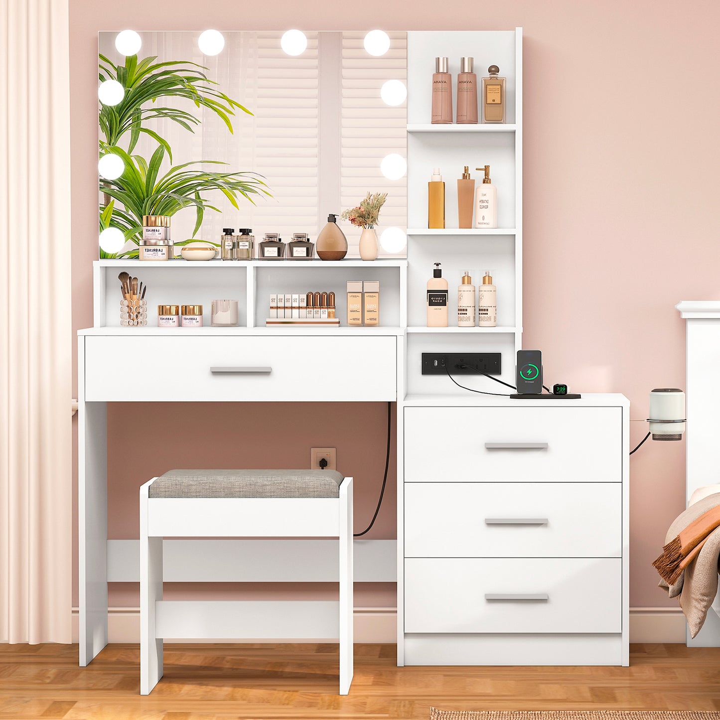 USIKEY Large Vanity Table Set with Lighted Mirror & Charging Station