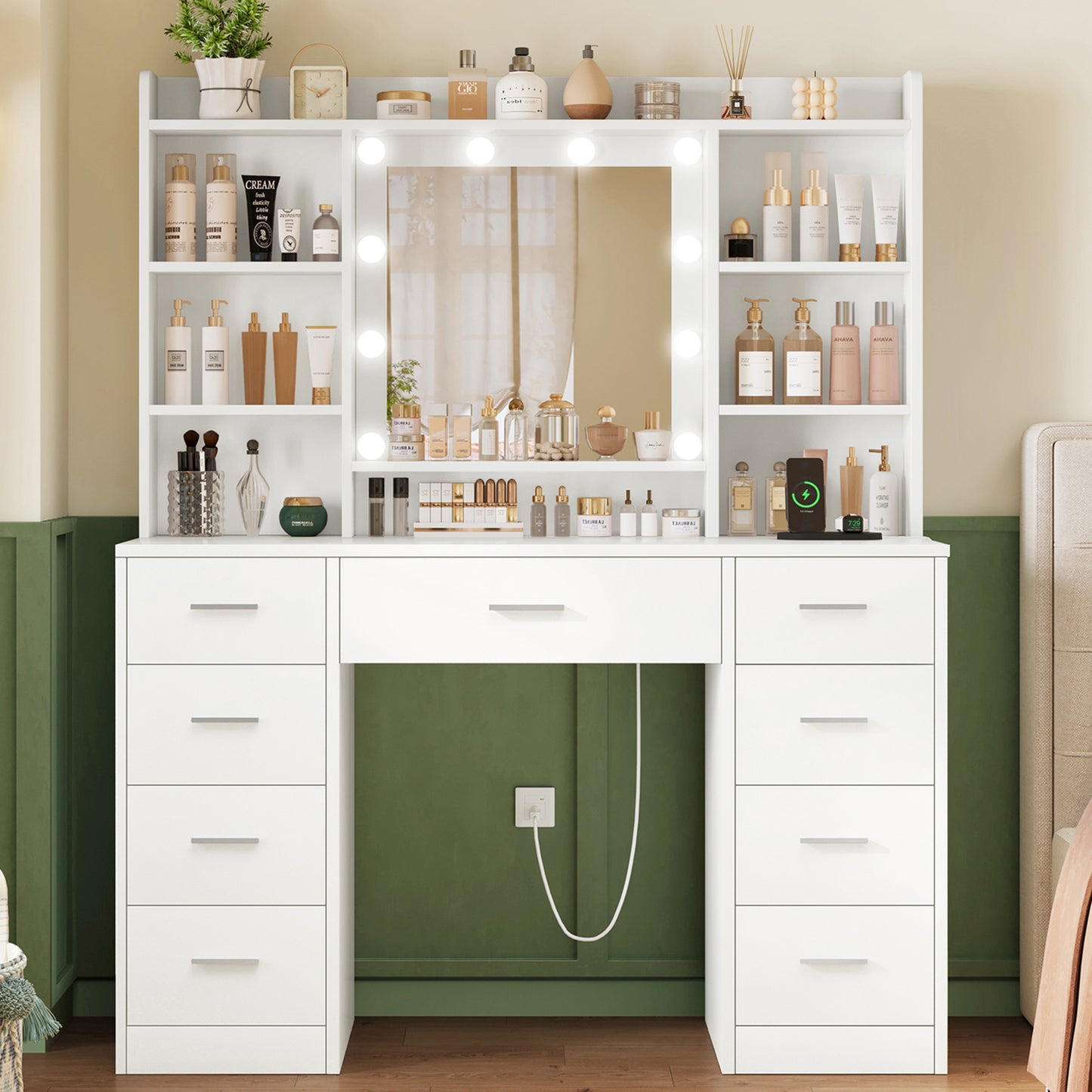 USIKEY Vanity Desk with Mirror and Lights, Power Outlet, Makeup Vanity with 9 Drawers & 6 Open Storage Shelves, 3 Lighting Modes Brightness Adjustable