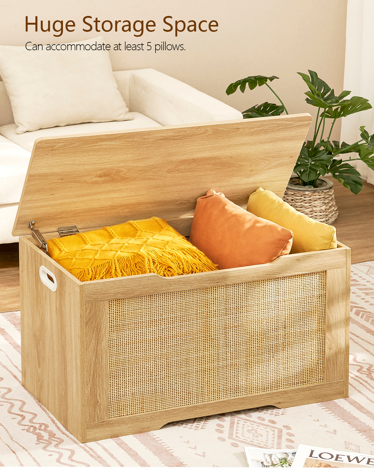 USIKEY 39.4” Storage Chest, Toy Box with 2 Safety Hinges, Rattan Storage Bench with Storage, Toy Chest for Bedroom,