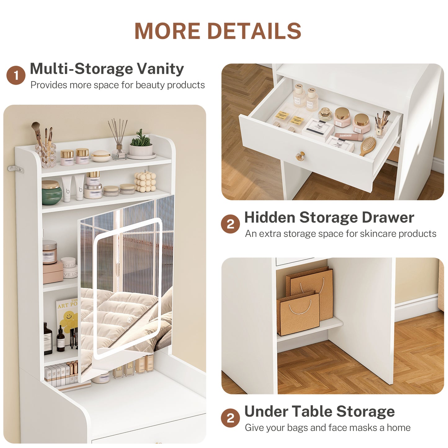 USIKEY Vanity Desk, Small Vanity with LED Lights, Makeup Vanity with Mirror for Bedrooms,Makeup Vanity Desk with 1 Drawers and 6 Shelves for White