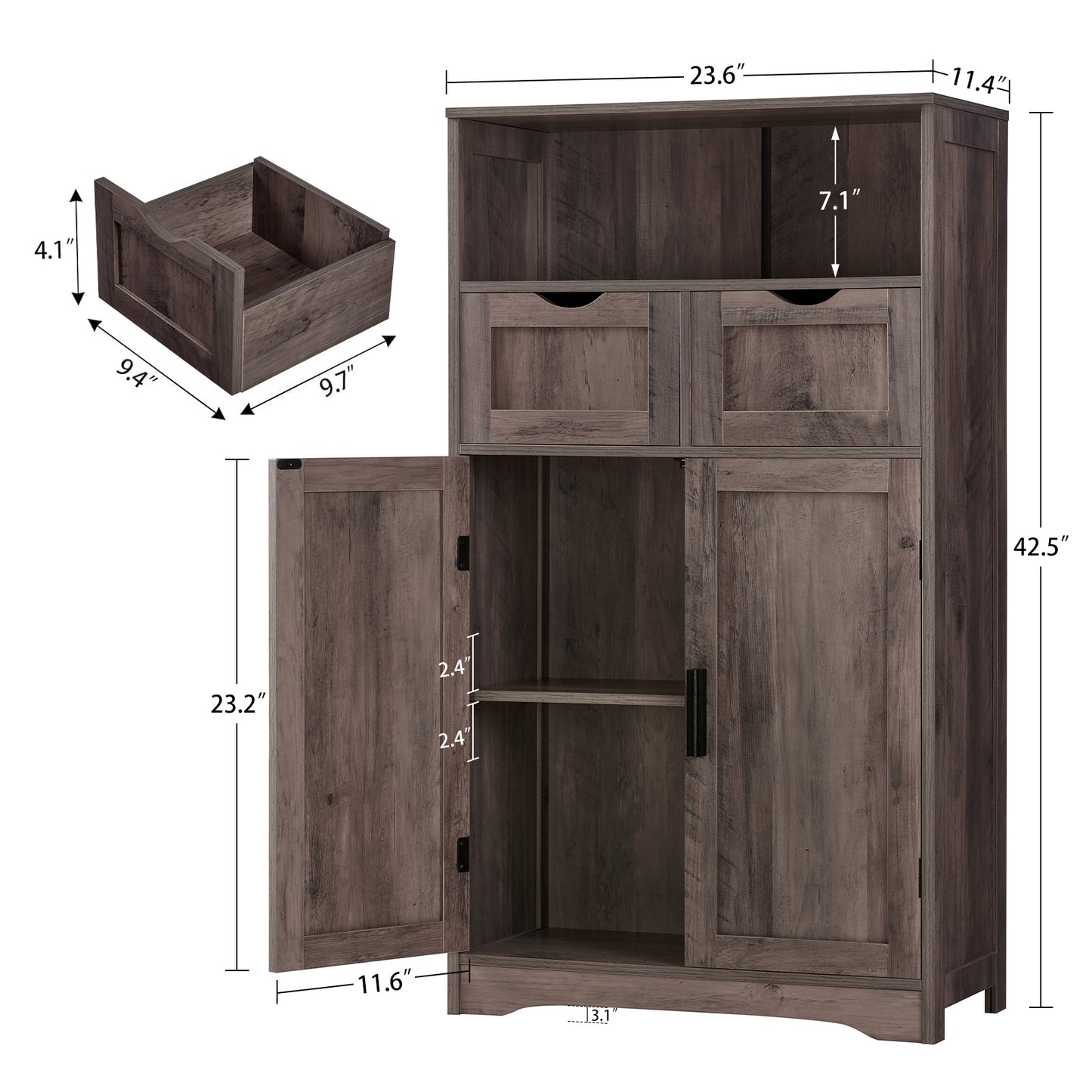 USIKEY Large Storage Cabinet, Rattan Cabinet with 2 Drawers & 2 Shelves, Cupboard, Floor Cabinet for Living Room, Home Office