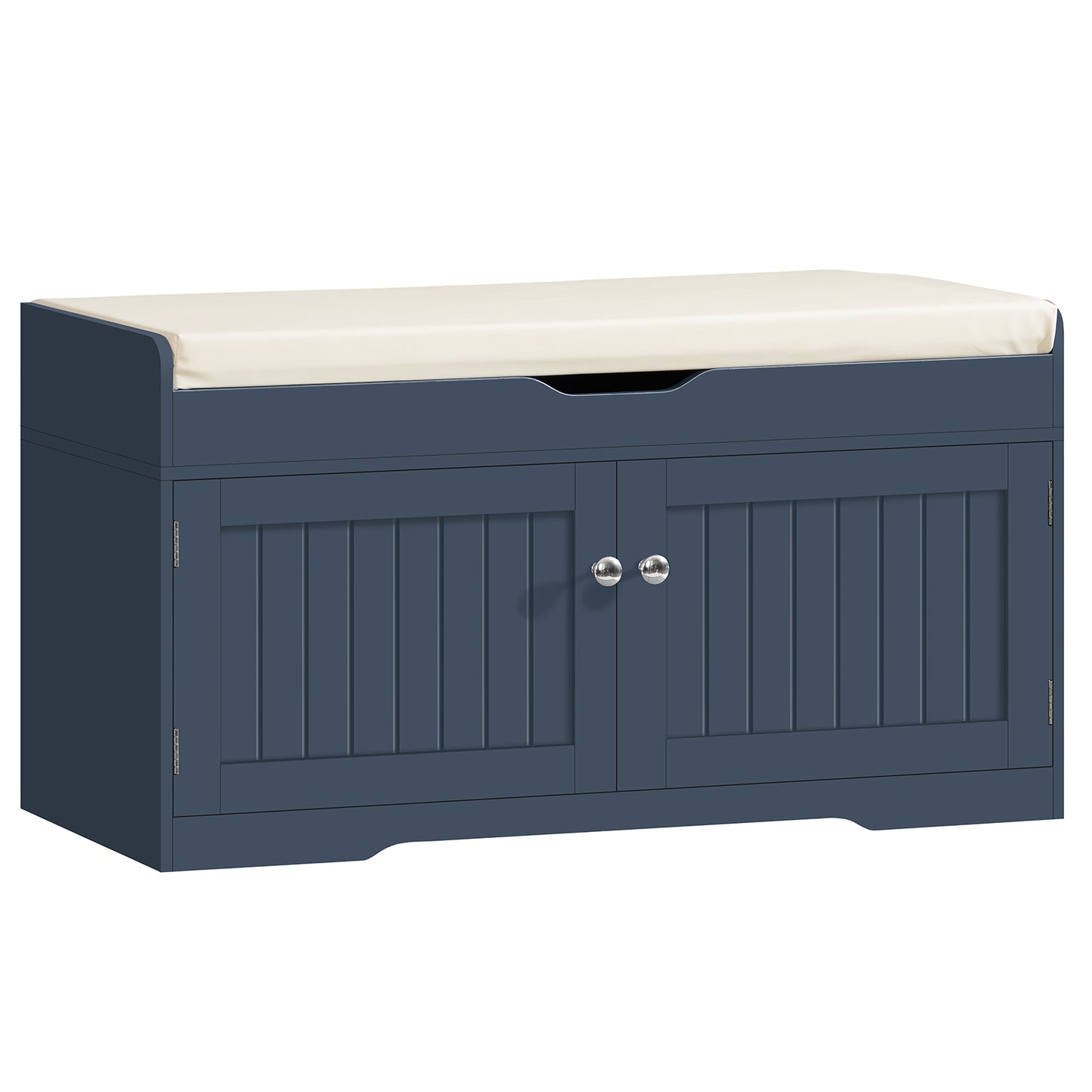 USIKEY Shoe Storage Bench, 2 Tier Shoe Bench with Padded Seat Cushion & 2 Barn Doors, Entryway Bench with Adjustable Shelf, Shoe Cabinet for Living Room, Bedroom