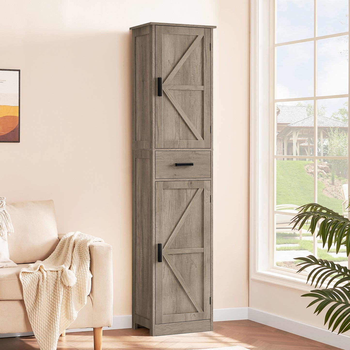 USIKEY 67.1" H Storage Cabinet, Tall Cabinet with 6 Shelves & Drawer, Slim Storage Cabinet with Adjustable Shelves for Living Room, Kitchen