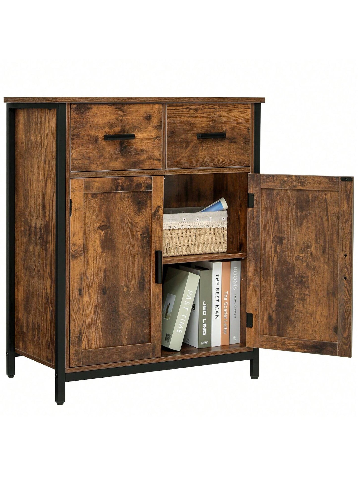 USIKEY Storage Cabinet, Industrial Floor Cabinet with 2 Drawers & Doors, Freestanding Storage Cabinet with Shelf, for Living Room, Bedroom, Kitchen