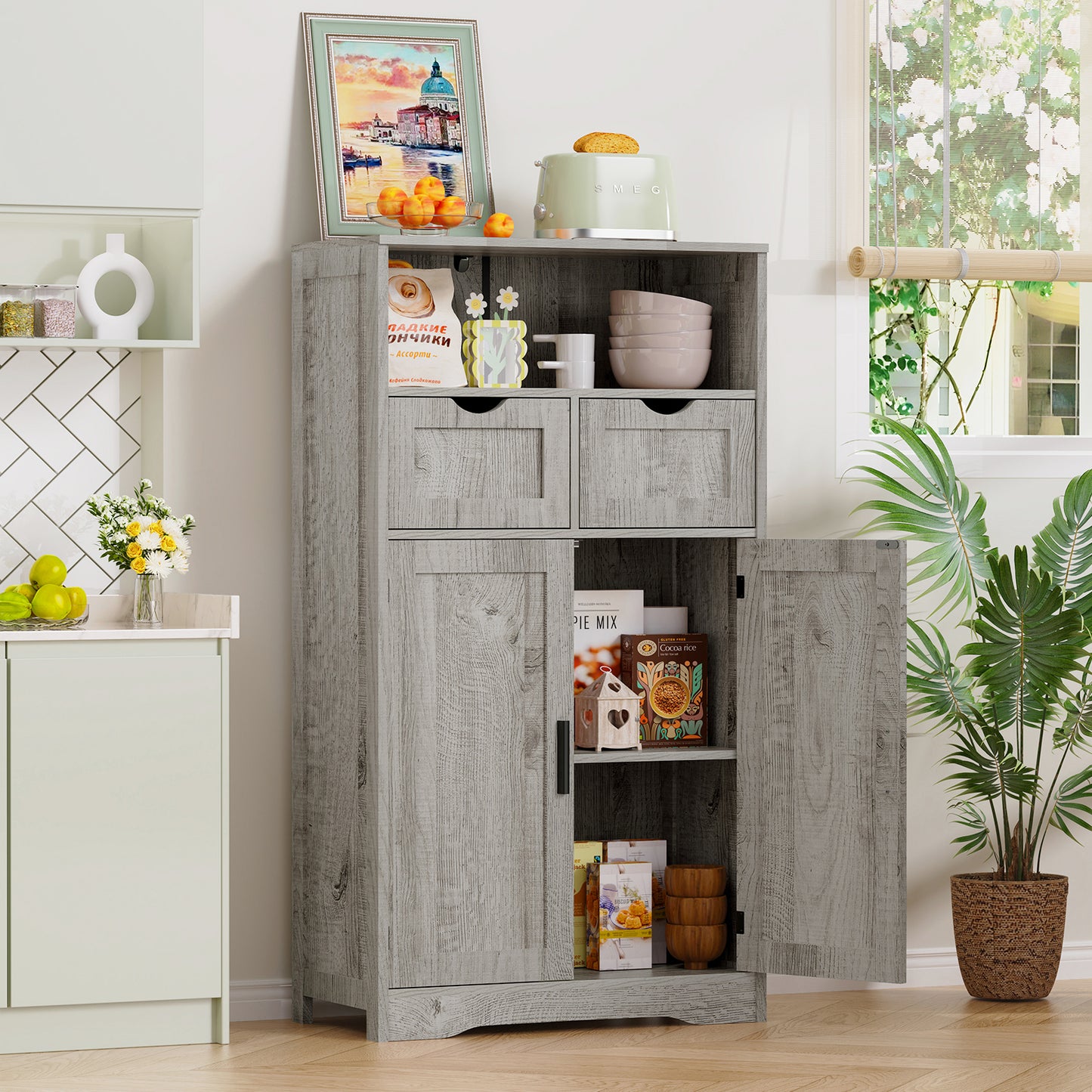 USIKEY Large Storage Cabinet, Rattan Cabinet with 2 Drawers & 2 Shelves, Cupboard, Floor Cabinet for Living Room, Home Office