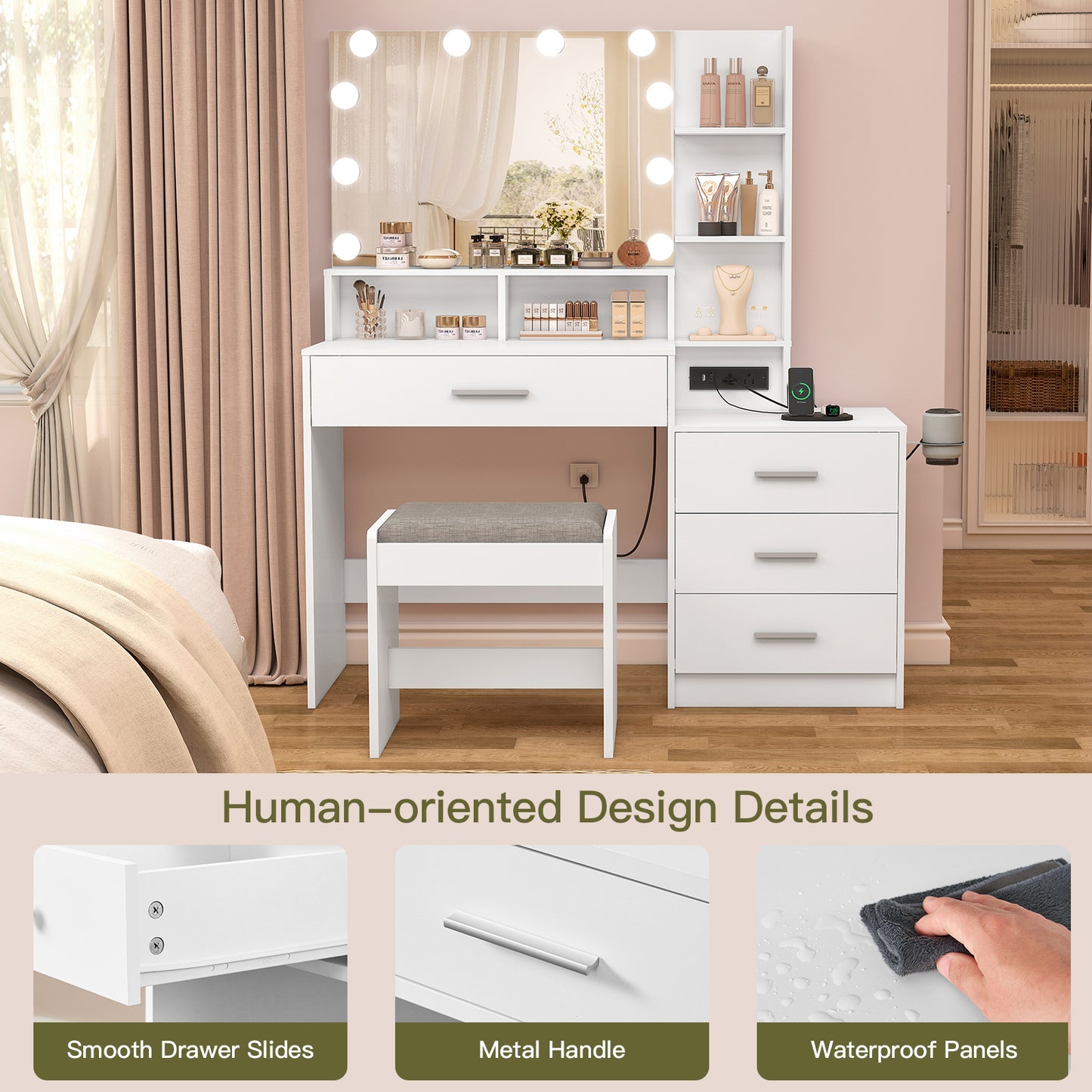 USIKEY Large Vanity Table Set with Lighted Mirror & Charging Station