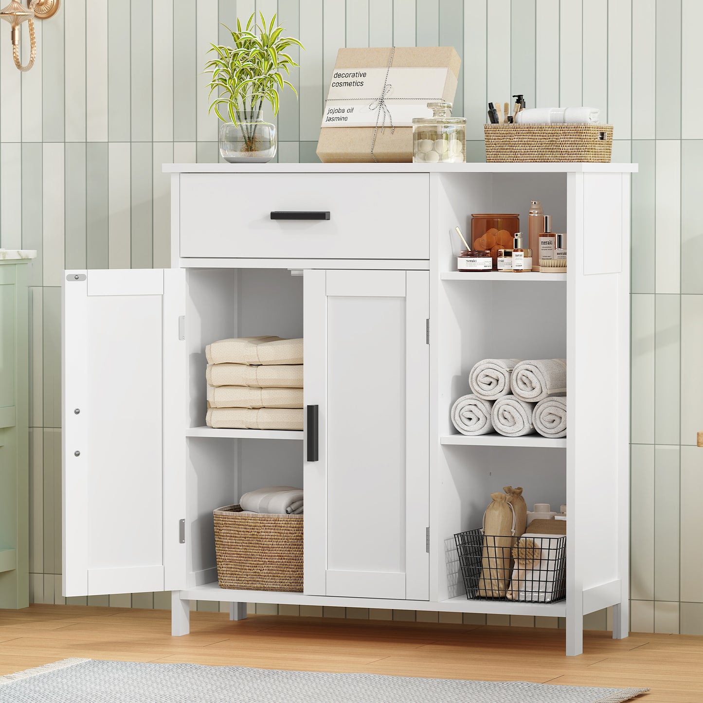 USIKEY Storage Cabinet, Floor Cabinet with Doors and Shelves, Coffee Bar Cabinet with Drawer, Organizer Cabinet for Living Room, Dining Room