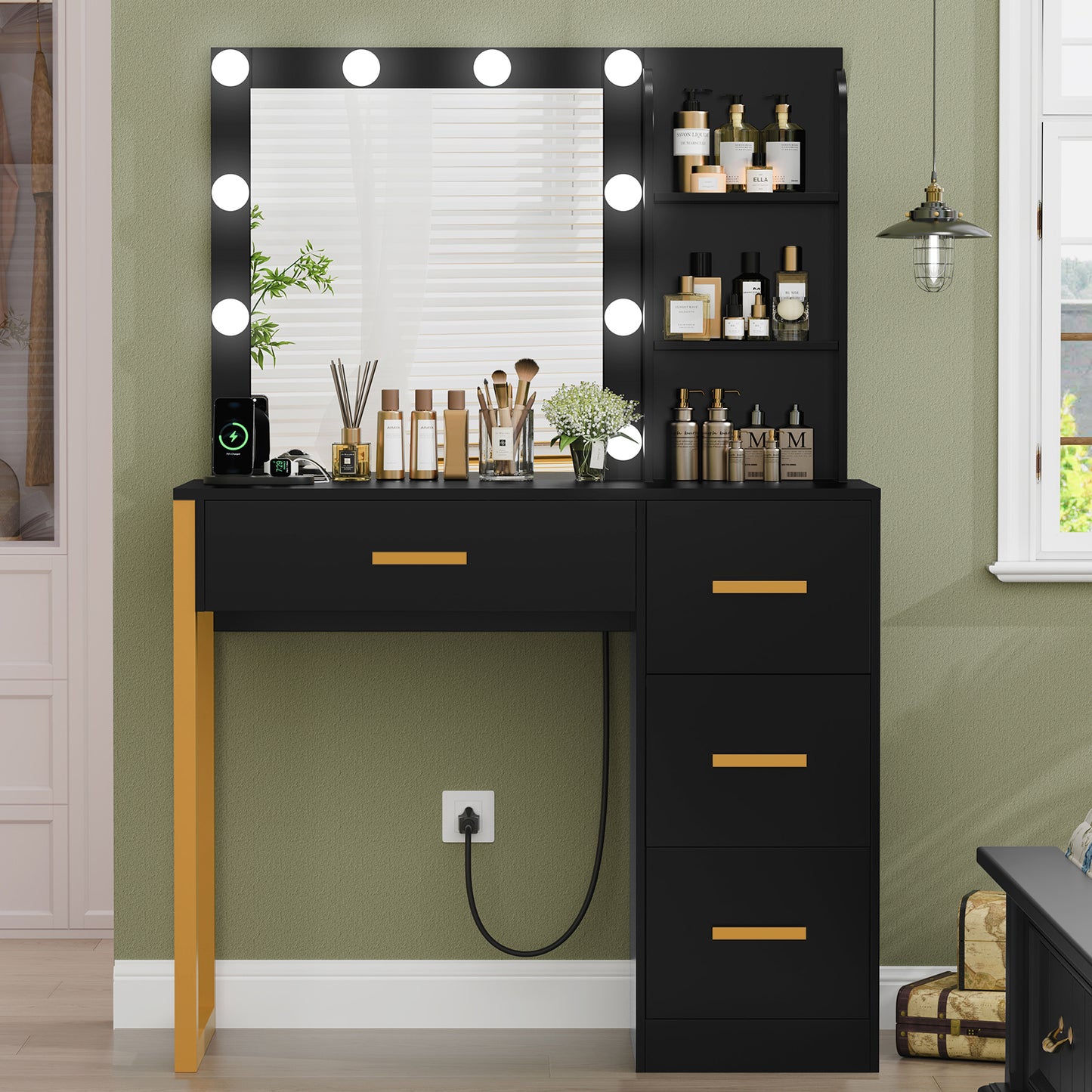 USIKEY Makeup Vanity Desk with Mirror & Lights, Vanity Desk with 4 Drawers & Power Outlet, Vanity Table with Open Storage Shelves for Bedroom