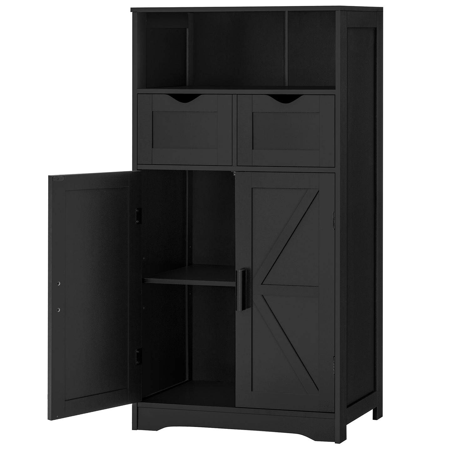 USIKEY Storage Cabinet with 2 Adjustable Drawers & 2 Barn Doors, Standing Cupboard with 2 Shelf, Floor Cabinet for Living Room, Home Office, Kitchen