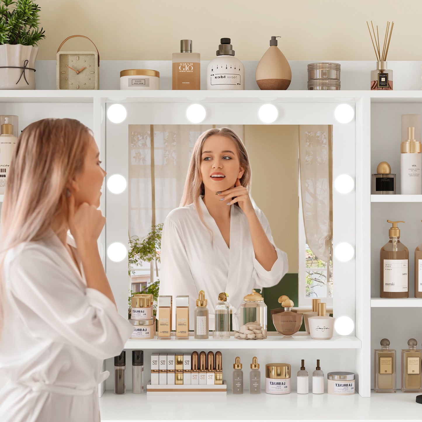 USIKEY Vanity Desk with Mirror and Lights, Power Outlet, Makeup Vanity with 9 Drawers & 6 Open Storage Shelves, 3 Lighting Modes Brightness Adjustable