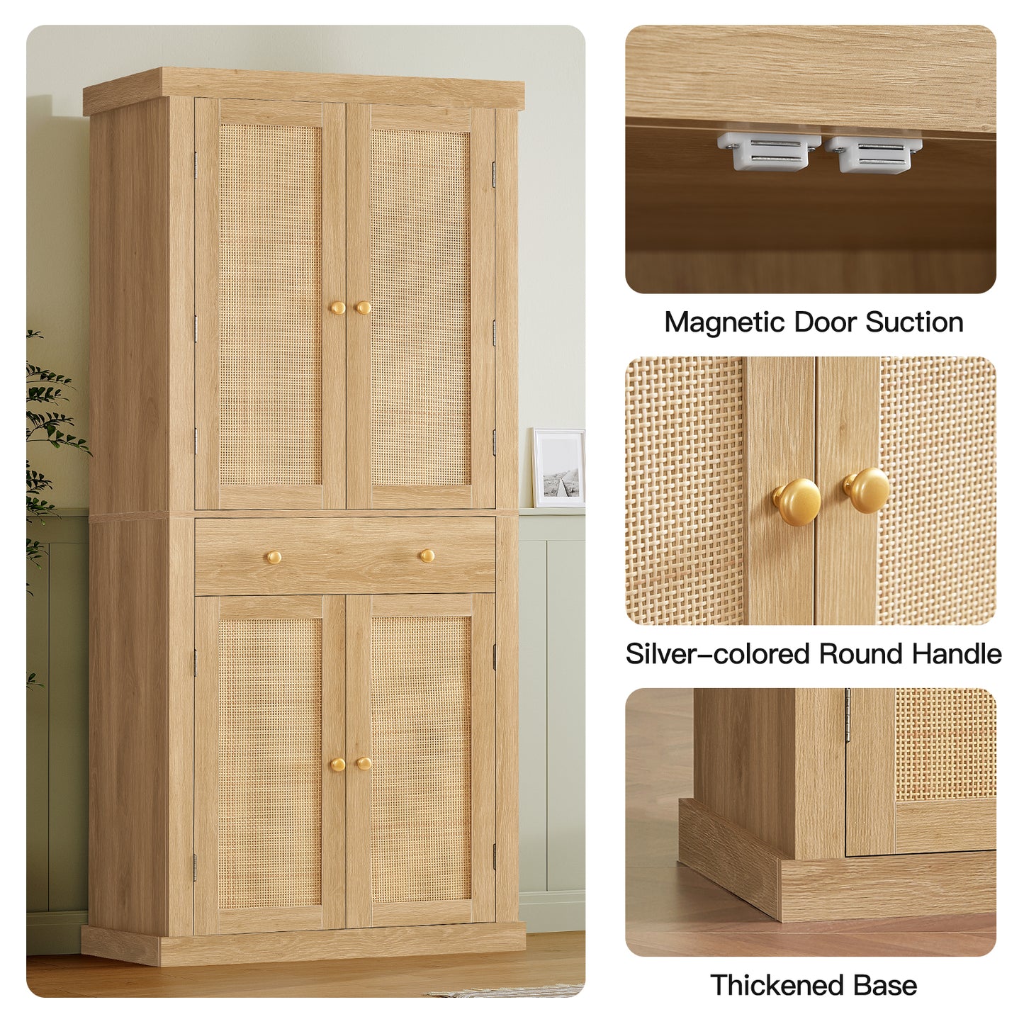 usikey 72?¡À Kitchen Pantry Cabinet, Tall Storage Cabinet with 4 Doors and 1 Drawer, Freestanding Cupboard with 6 Hanging Shelves and Adjustable Shelves for Kitchen, Dining Room,Living Room