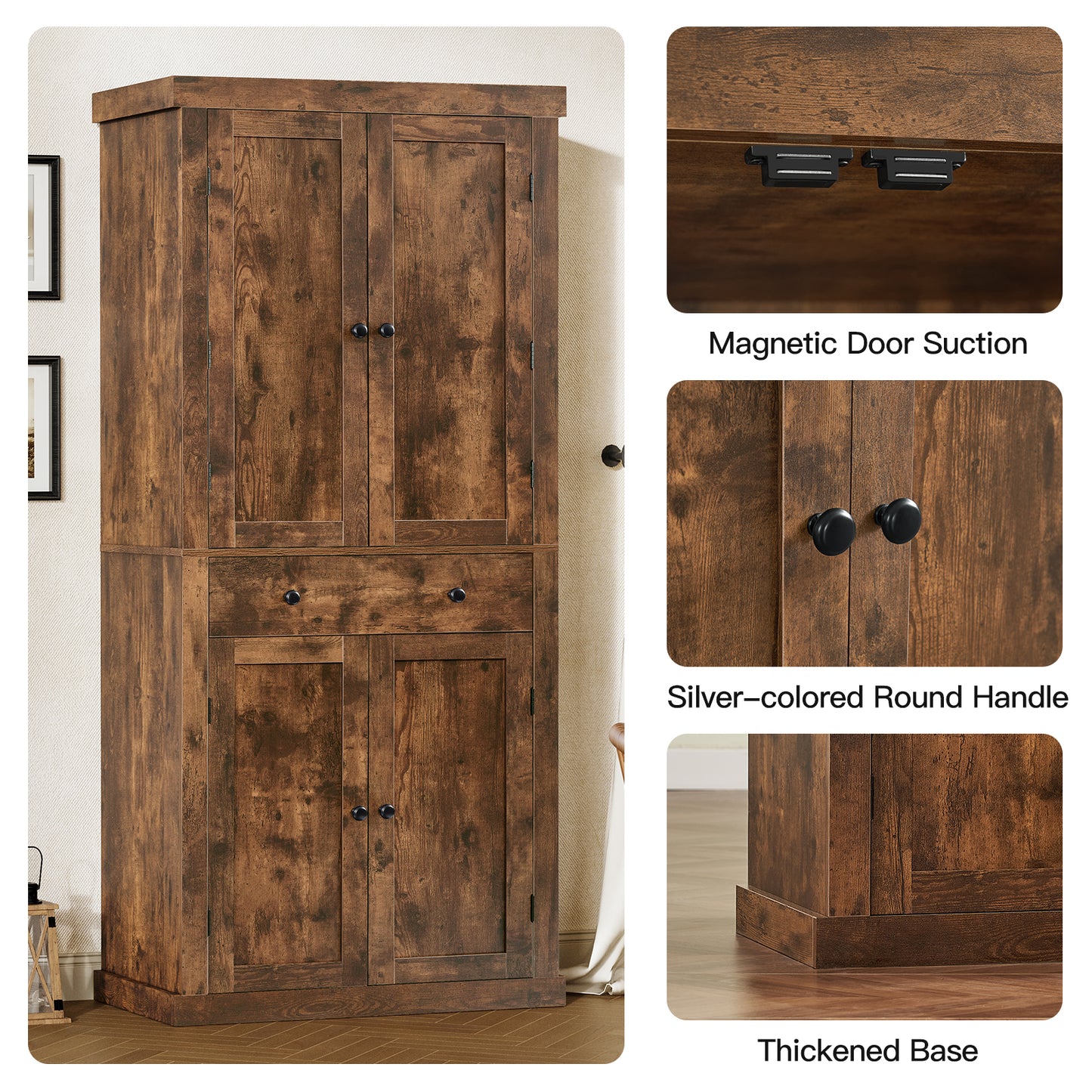 usikey 72?¡À Kitchen Pantry Cabinet, Tall Storage Cabinet with 4 Doors and 1 Drawer, Freestanding Cupboard with 6 Hanging Shelves and Adjustable Shelves for Kitchen, Dining Room,Living Room