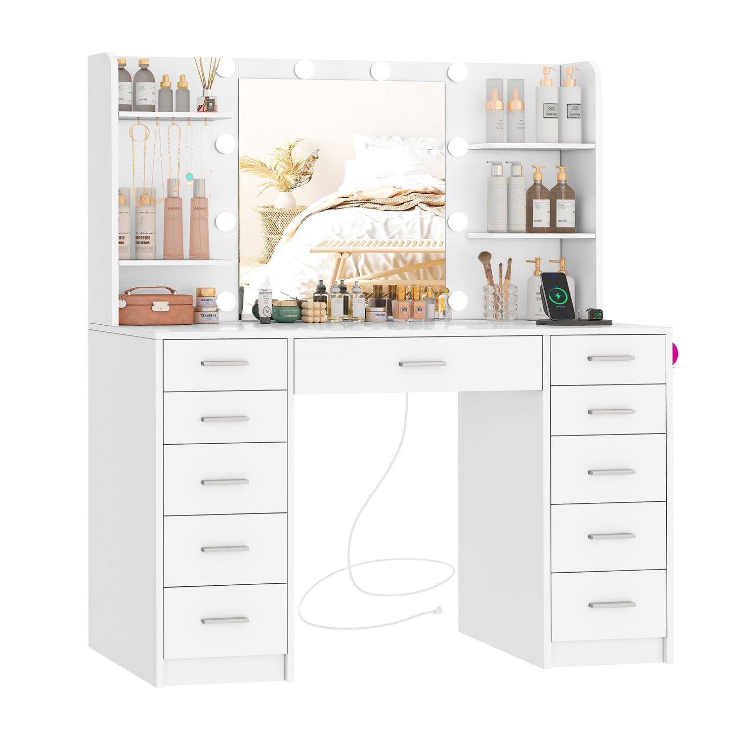 USIKEY Vanity Desk with Mirror and Lights, Power Outlet, Makeup Vanity with 11 Drawers & 6 Open Storage Shelves, 3 Lighting Modes Brightness Adjustable, White