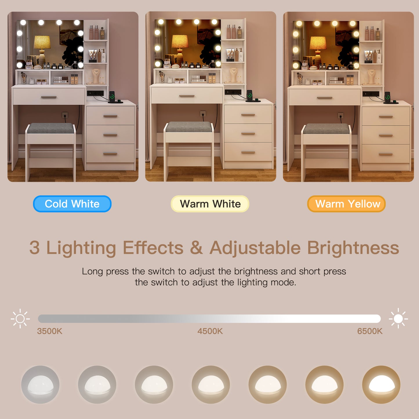 USIKEY Large Vanity Table Set with Lighted Mirror & Charging Station