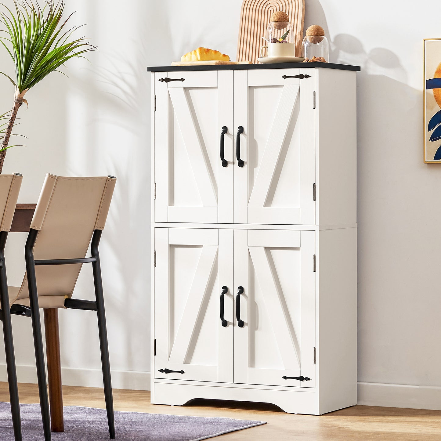 USIKEY Farmhouse Storage Cabinet with 2 Adjustable Shelves, Bathroom Cabinet with 4 Doors, Kitchen Cabinets, Cupboard for Kitchen, Living Room