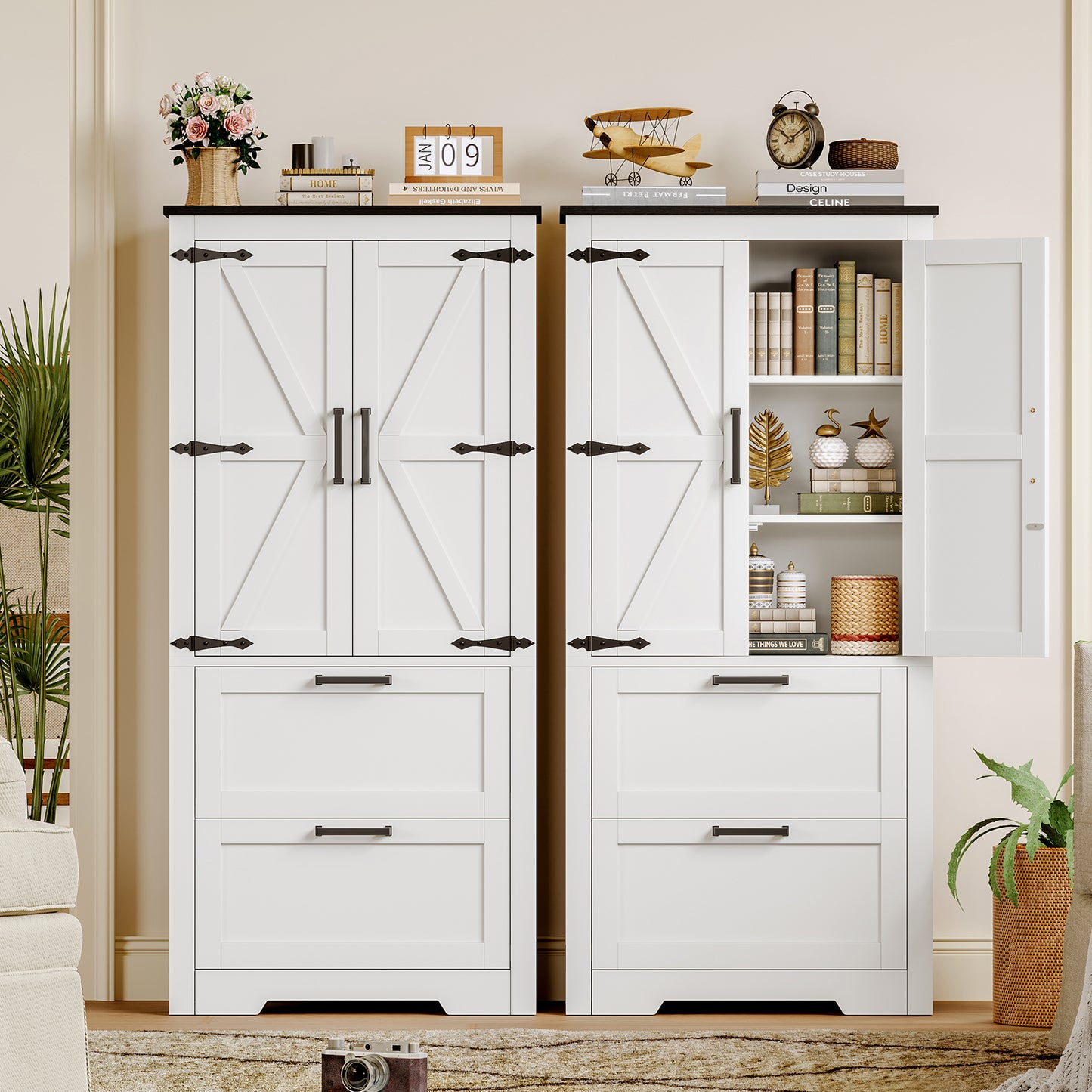 USIKEY 50.4" H Farmhouse Storage Cabinet, Bathroom Storage Cabinet with with 2 Doors & Drawers and Adjustable Shelf, for Bathroom, Living Room, White