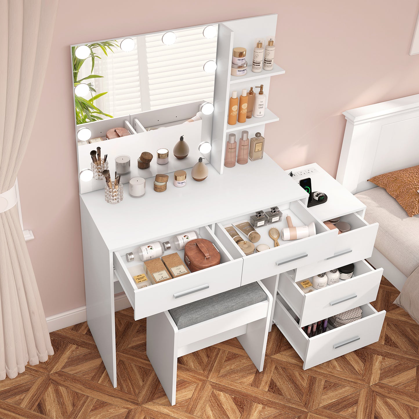 USIKEY Large Vanity Desk with Mirror & 10 LED Lights, Makeup Vanity Dressing Table with Power Strip, Storage Shelves & 5 Drawers