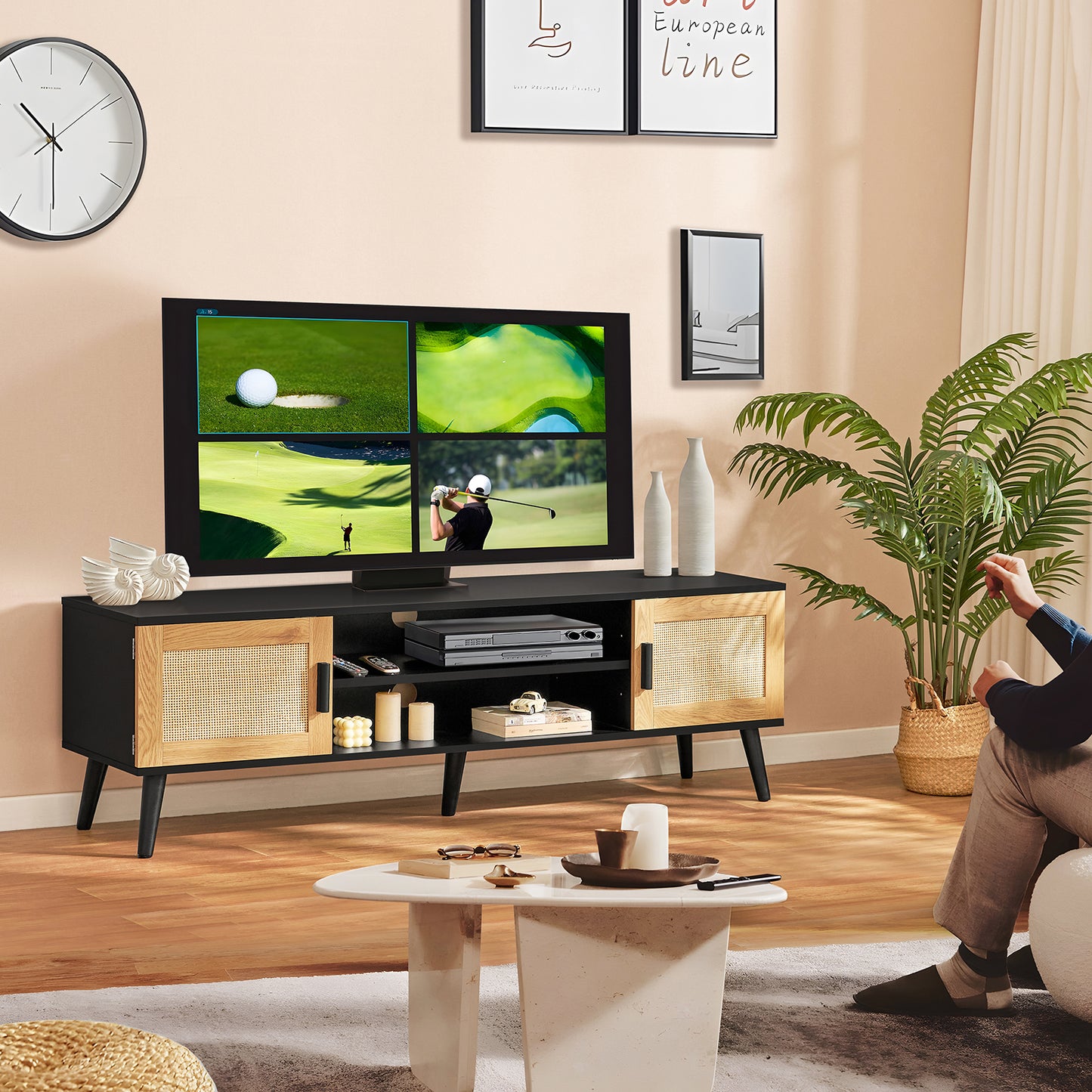 Rattan TV Stand for 70 inch TV, Entertainment Center with Adjustable Shelf & 2 Cabinets, TV Stands for Living Room, Bedroom, Natural + Black