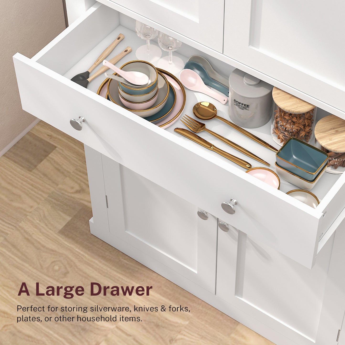usikey 72?¡À Kitchen Pantry Cabinet, Tall Storage Cabinet with 4 Doors and 1 Drawer, Freestanding Cupboard with 6 Hanging Shelves and Adjustable Shelves for Kitchen, Dining Room,Living Room