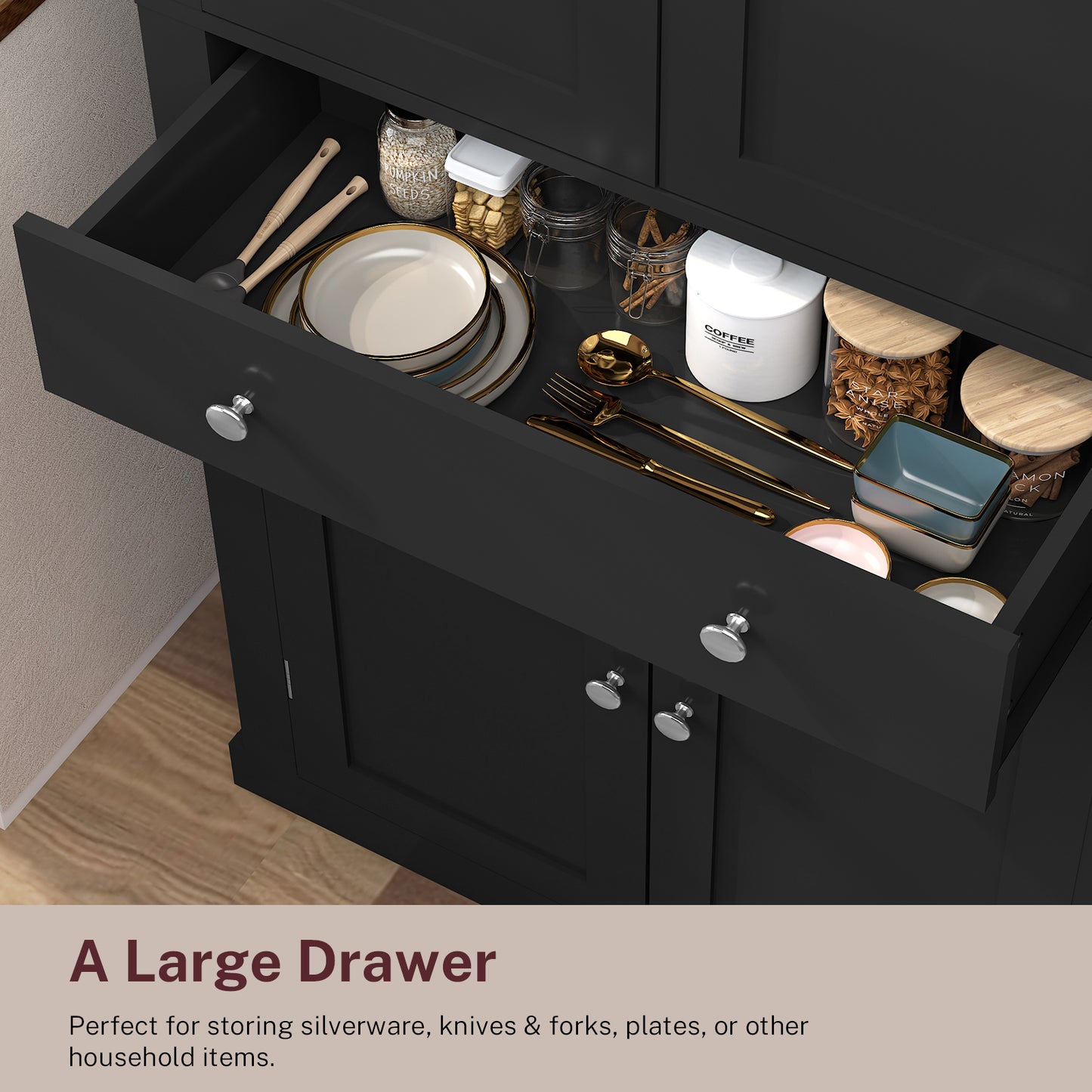 usikey 72?¡À Kitchen Pantry Cabinet, Tall Storage Cabinet with 4 Doors and 1 Drawer, Freestanding Cupboard with 6 Hanging Shelves and Adjustable Shelves for Kitchen, Dining Room,Living Room