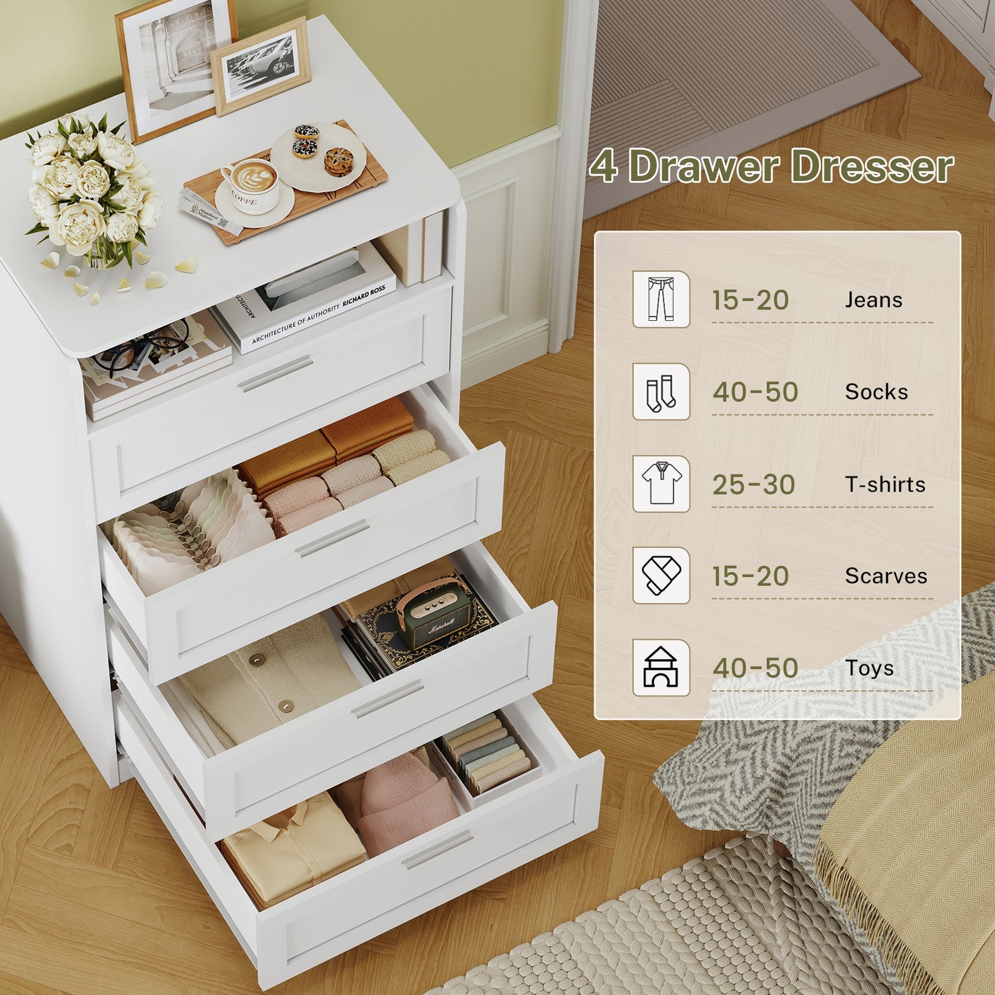 USIKEY Tall White Dresser for Bedroom, 4 Drawer Dresser with Mirror, Modern Chest of Drawers, Wood Closet Clothes Storage Organizer for Bedroom, White
