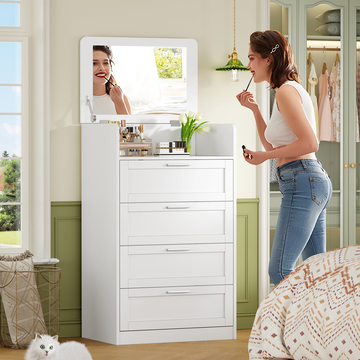 USIKEY Tall White Dresser for Bedroom, 4 Drawer Dresser with Mirror, Modern Chest of Drawers, Wood Closet Clothes Storage Organizer for Bedroom, White