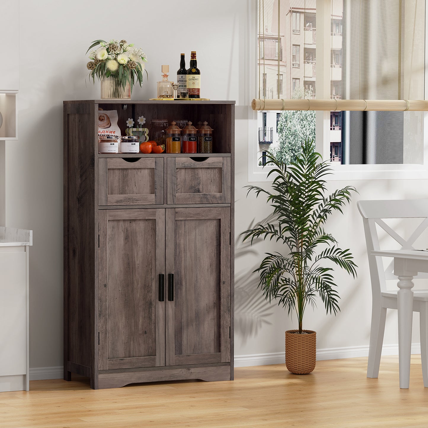 USIKEY Large Storage Cabinet, Rattan Cabinet with 2 Drawers & 2 Shelves, Cupboard, Floor Cabinet for Living Room, Home Office