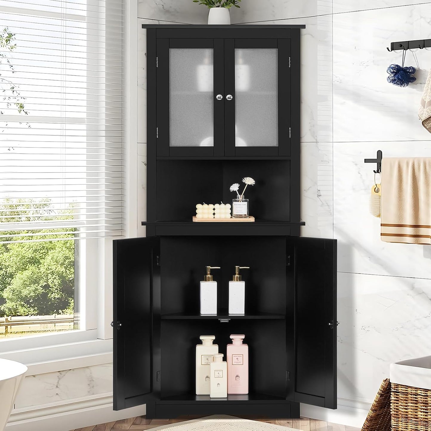 USIKEY 63.8" Tall Corner Cabinet with 4 Doors and 5 Storage Shelves, Corner Bathroom Cabinet, Freestanding Storage Cabinet for Bathroom, Living Room
