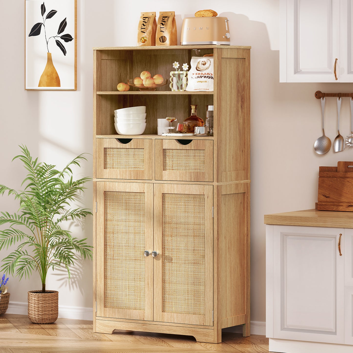 USIKEY Tall Bathroom Cabinet, Storage Cabinet with 2 Drawers & Adjustable Shelves, Bathroom Storage Cabinet for Living Room, Dining Room, Entryway