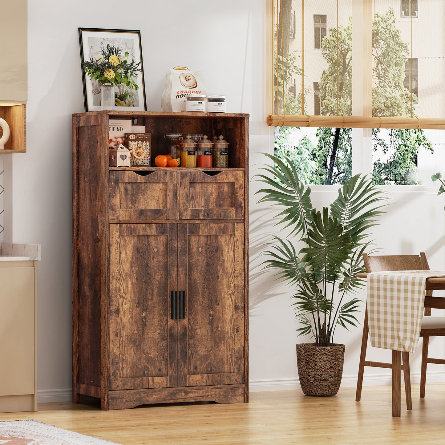 USIKEY Large Storage Cabinet, Rattan Cabinet with 2 Drawers & 2 Shelves, Cupboard, Floor Cabinet for Living Room, Home Office