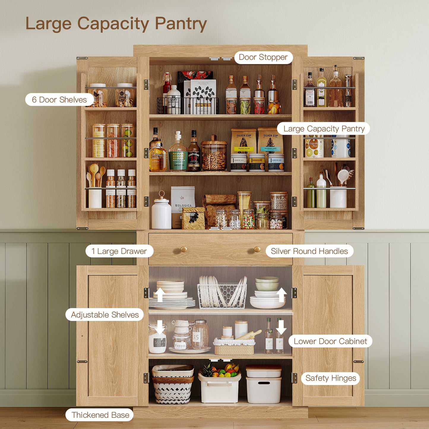 usikey 72?¡À Kitchen Pantry Cabinet, Tall Storage Cabinet with 4 Doors and 1 Drawer, Freestanding Cupboard with 6 Hanging Shelves and Adjustable Shelves for Kitchen, Dining Room,Living Room