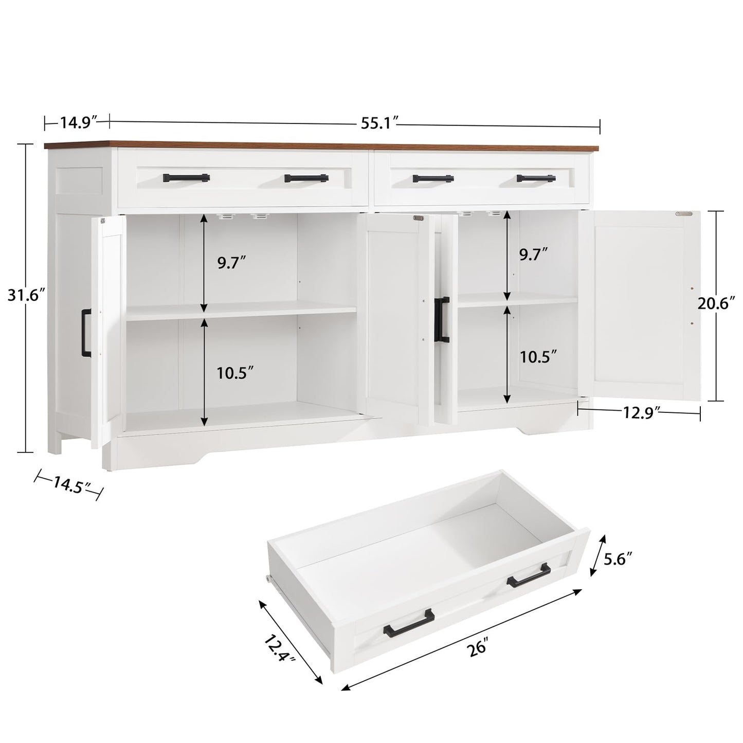 usikey Buffet Cabinet with Storage and Drawers, 55" Large Sideboard Buffet Cabinet with Adjustable Shelves and Doors, Modern Coffee Bar for Kitchen, Living Room, White