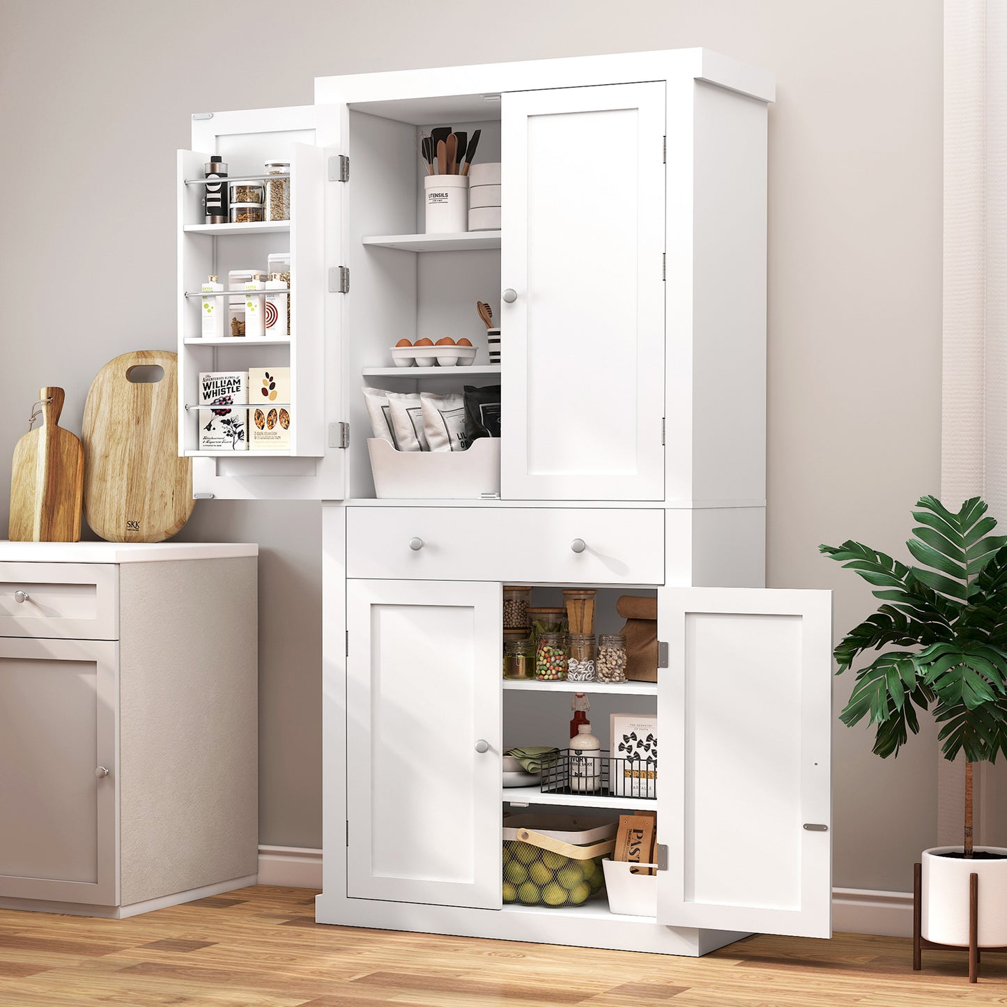 usikey 72?¡À Kitchen Pantry Cabinet, Tall Storage Cabinet with 4 Doors and 1 Drawer, Freestanding Cupboard with 6 Hanging Shelves and Adjustable Shelves for Kitchen, Dining Room,Living Room