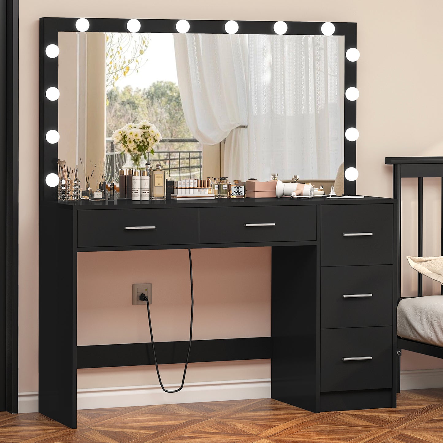 USIKEY 47.2" Large Vanity Desk with Lighted Mirror, 14 Lights, Makeup Vanity Table with 5 Large Drawers & Charging Station
