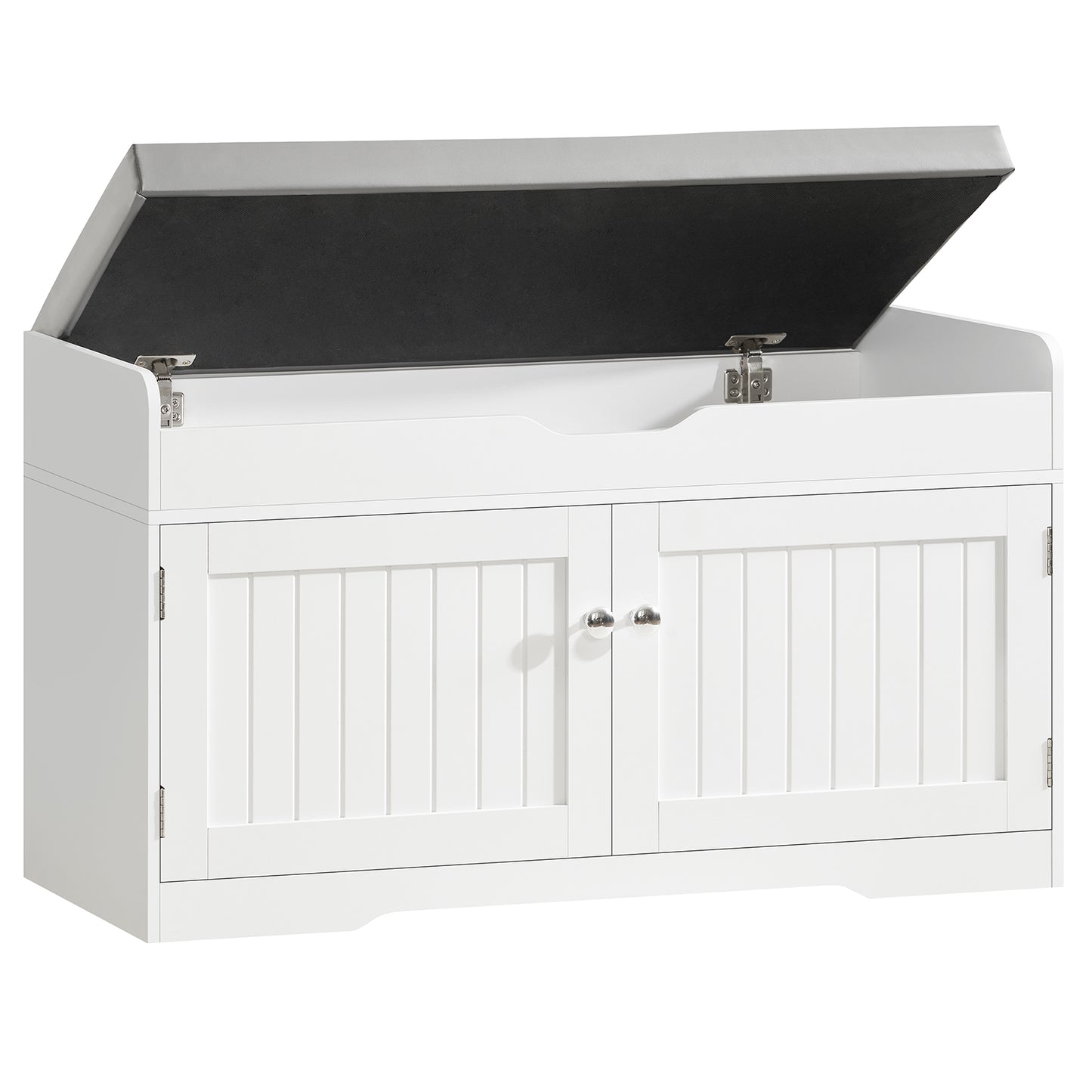 USIKEY Shoe Storage Bench, 2 Tier Shoe Bench with Padded Seat Cushion & 2 Barn Doors, Entryway Bench with Adjustable Shelf, Shoe Cabinet for Living Room, Bedroom