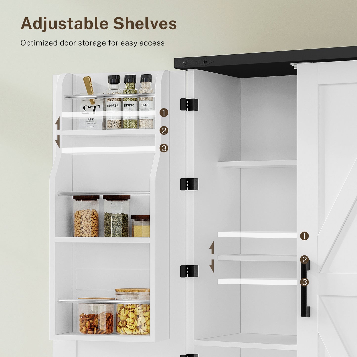 USIKEY Farmhouse Pantry Cabinet, Kitchen Cabinet, Storage Cabinet with Barn Doors, Kitchen Pantry Cabinet with 2 Adjustable Shelves, Tall Cabinet for Kitchen, Dining Room, White
