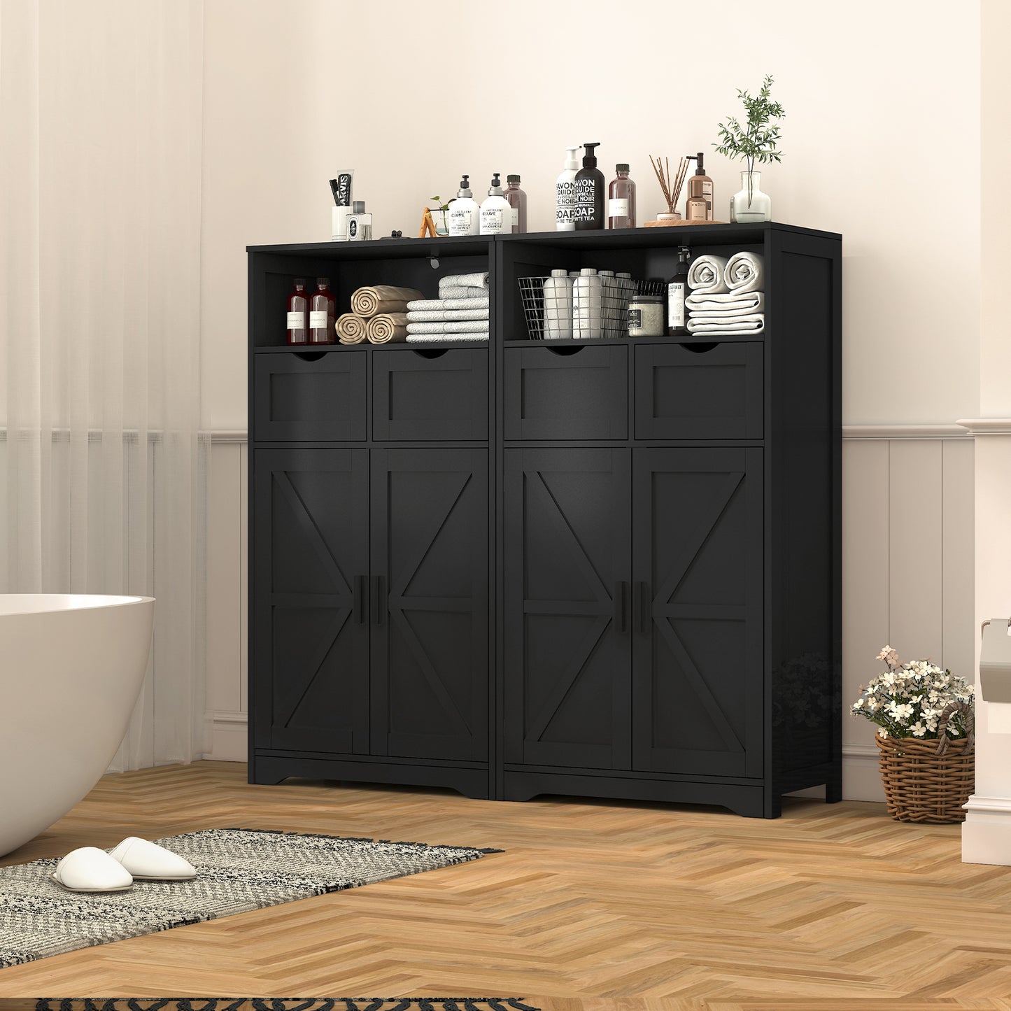USIKEY Storage Cabinet with 2 Adjustable Drawers & 2 Barn Doors, Standing Cupboard with 2 Shelf, Floor Cabinet for Living Room, Home Office, Kitchen