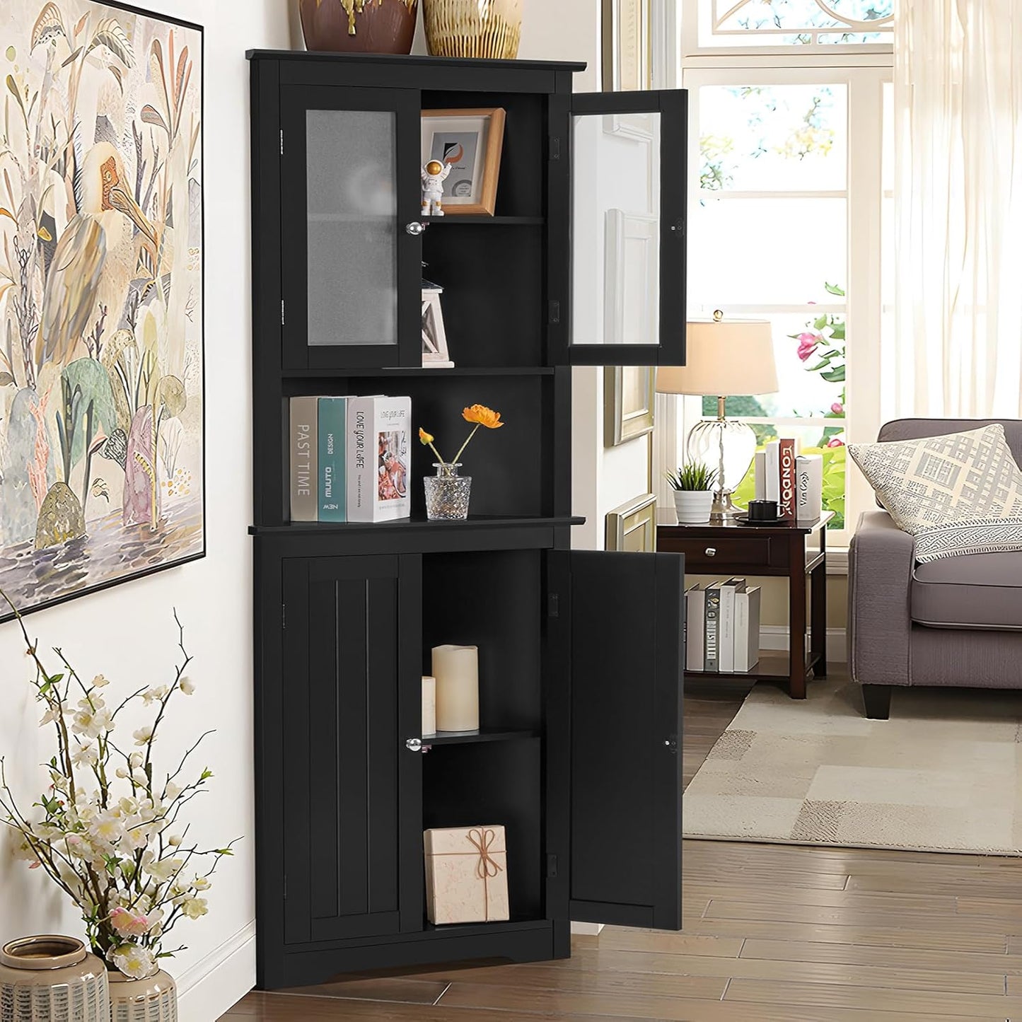 USIKEY 63.8" Tall Corner Cabinet with 4 Doors and 5 Storage Shelves, Corner Bathroom Cabinet, Freestanding Storage Cabinet for Bathroom, Living Room