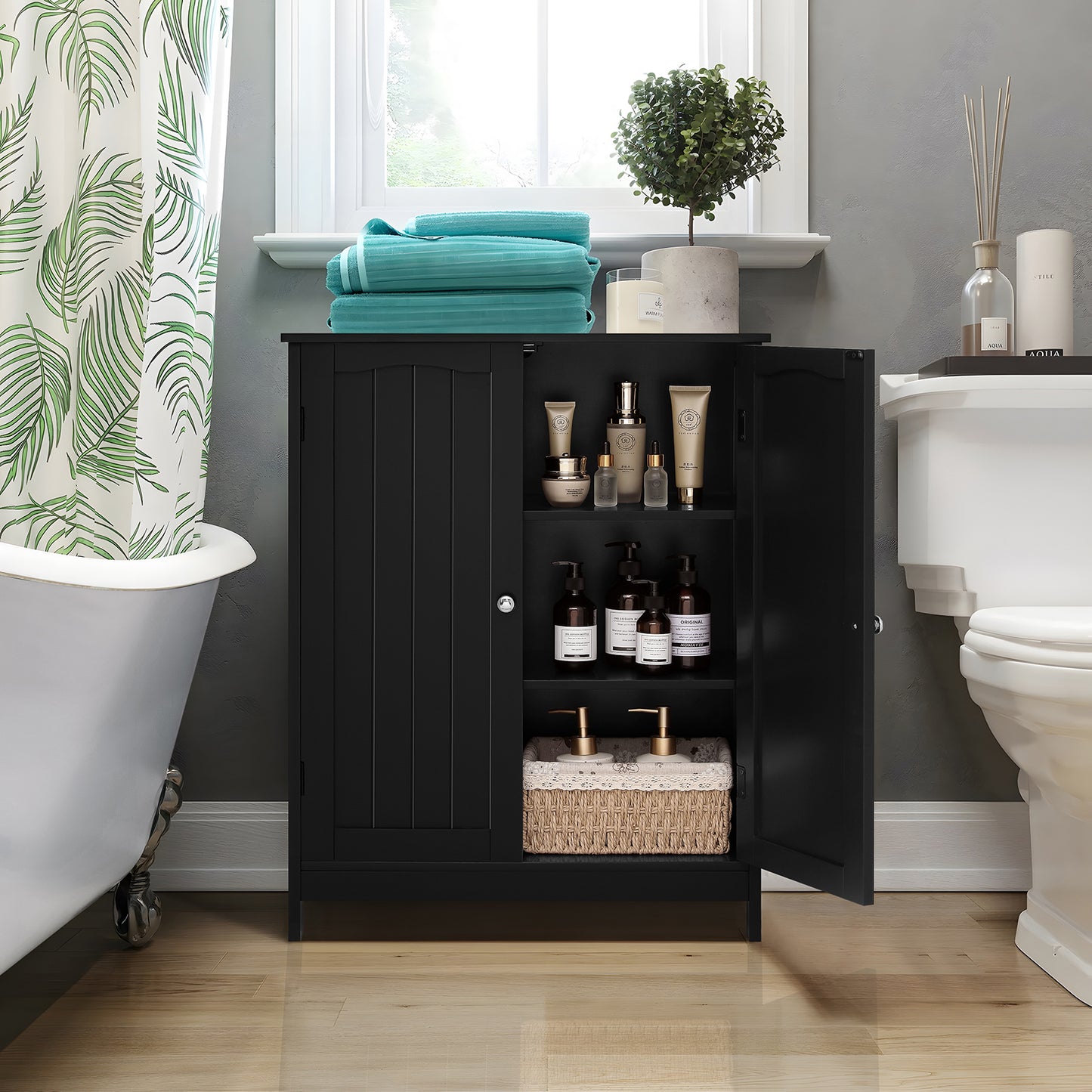 USIKEY Storage Cabinet with 2 Doors & Adjustable Shelf, Bathroom Cabinet, Armoire de Rangement for Living Room, Entryway, Home Office, Black