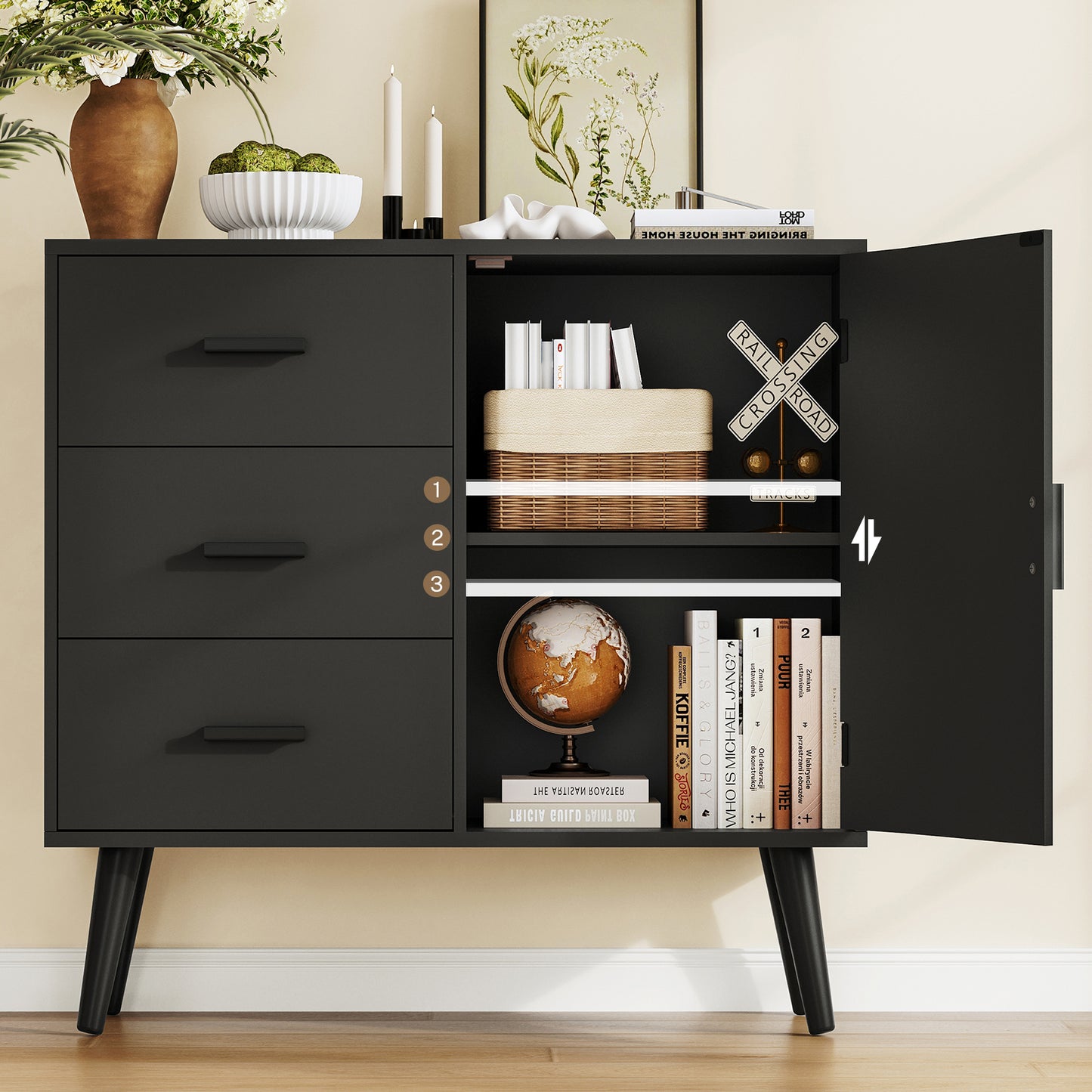 USIKEY Storage Cabinet with Rattan Door & 3 Drawers, Entryway Cabinet with Adjustable Shelf, Accent Cabinet for Living Room