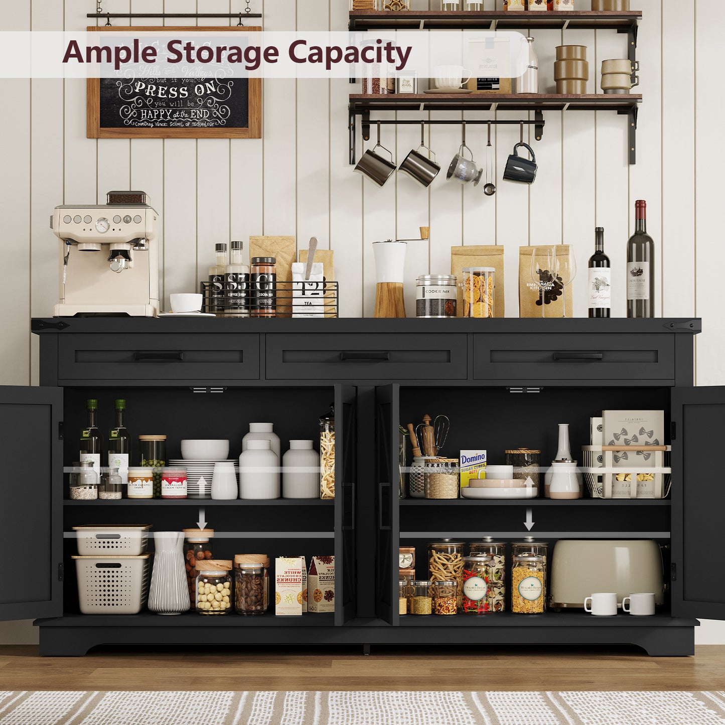 USIKEY Buffet Cabinet, 63” Large Sideboard Buffet Storage Cabinet with 3 Drawers, Farmhouse Coffee Bar with 4 Doors for Kitchen, Living Room
