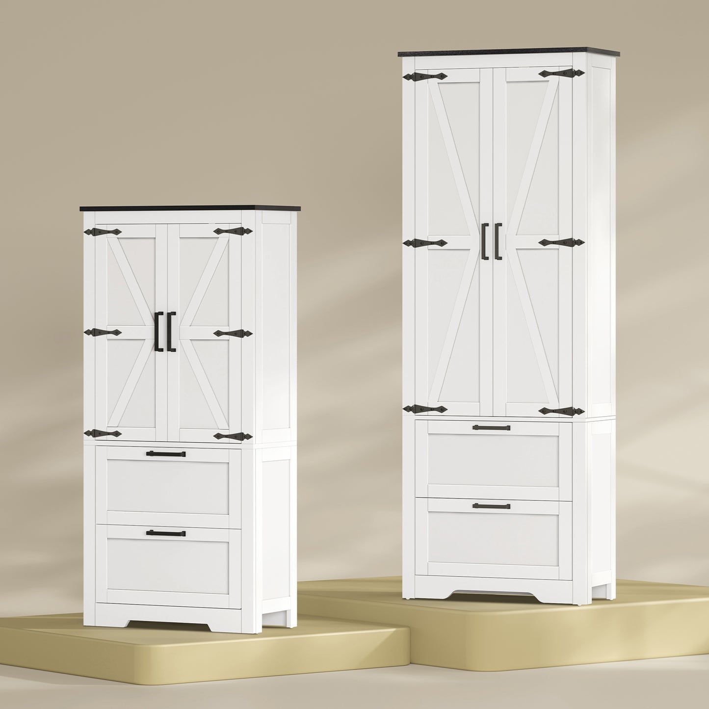 USIKEY 66.2" H Storage Cabinet with 2 Drawers, Farmhouse Kitchen Pantry Cabinet with 2 Doors & Adjustable Shelf, for Living Room, Kitchen, White