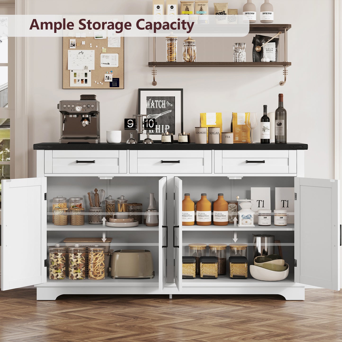 USIKEY 55" Buffet Cabinet With Storage, Large Sideboard Buffet Storage Cabinet With 3 Drawers, Farmhouse Coffee Bar Cabinet, For Kitchen, Living Room