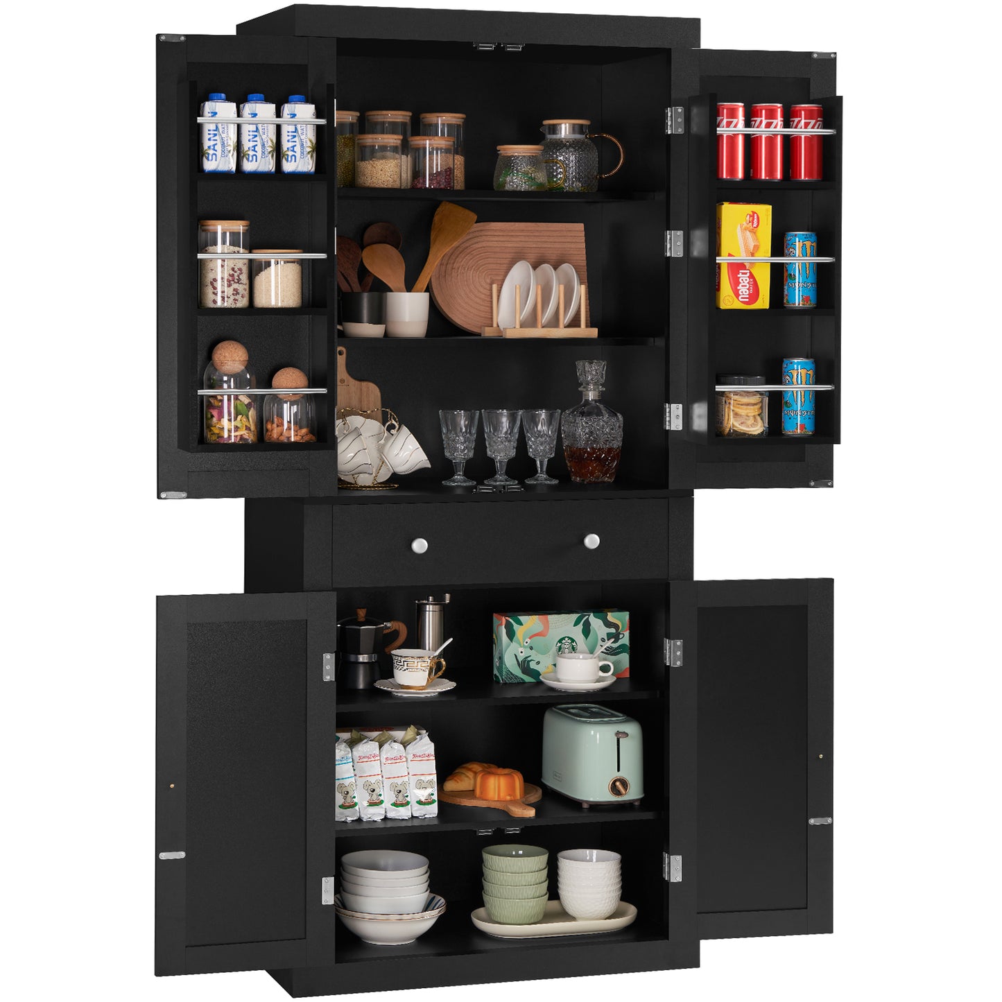 usikey 72?¡À Kitchen Pantry Cabinet, Tall Storage Cabinet with 4 Doors and 1 Drawer, Freestanding Cupboard with 6 Hanging Shelves and Adjustable Shelves for Kitchen, Dining Room,Living Room