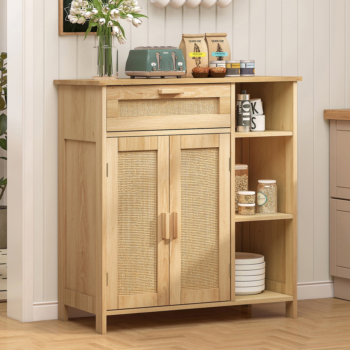 USIKEY Storage Cabinet, Floor Cabinet with Doors and Shelves, Coffee Bar Cabinet with Drawer, Organizer Cabinet for Living Room, Dining Room